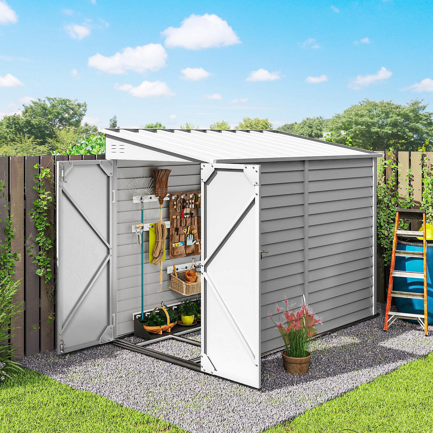 4.6' x 9' Steel Outdoor Storage Shed, Lean to Shed, Metal Tool House with Foundation Kit, Lockable Doors, Gloves and 2 Air Vents for Backyard, Patio, Lawn, White