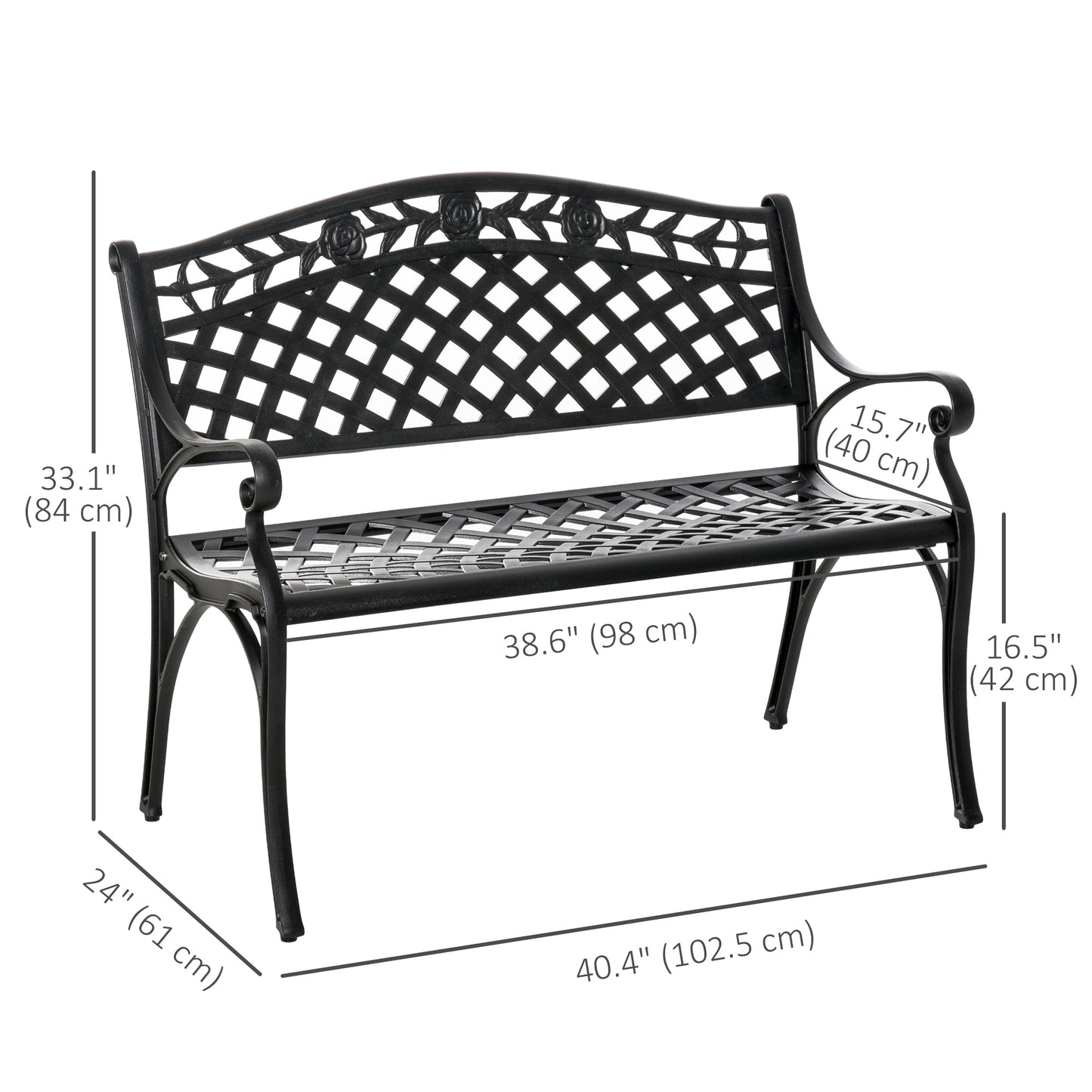 Outdoor Garden Bench, 40" Patio Bench with Aluminum Frame and Armrests, 2-Person Patio Loveseat with Floral Pattern for Park, Porch, Yard, Lawn, 485 LBS Capacity