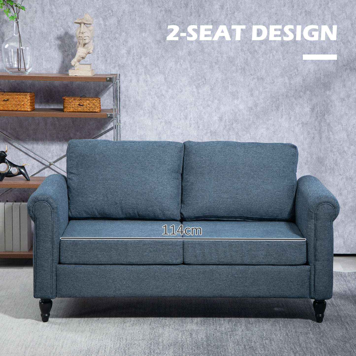 Vintage Loveseat, Upholstered Love Seat Furniture, Fabric 2 Seater Sofa with Rolled Arms, Rubber Wood Legs, Dark Blue