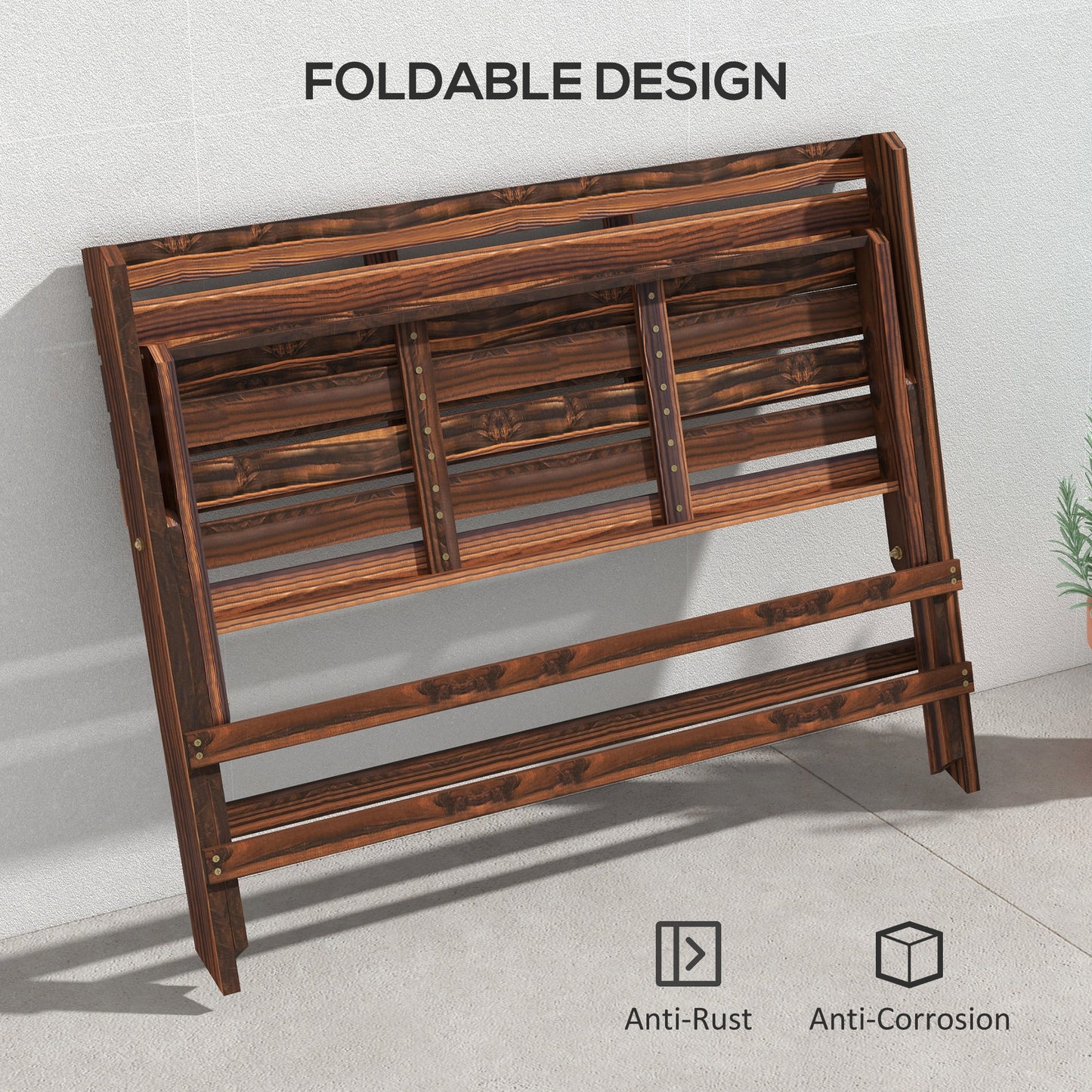 2-Seater Wooden Outdoor Bench, Foldable Garden Bench with Slatted Backrest and Seat, Patio Loveseat, Carbonised Finish