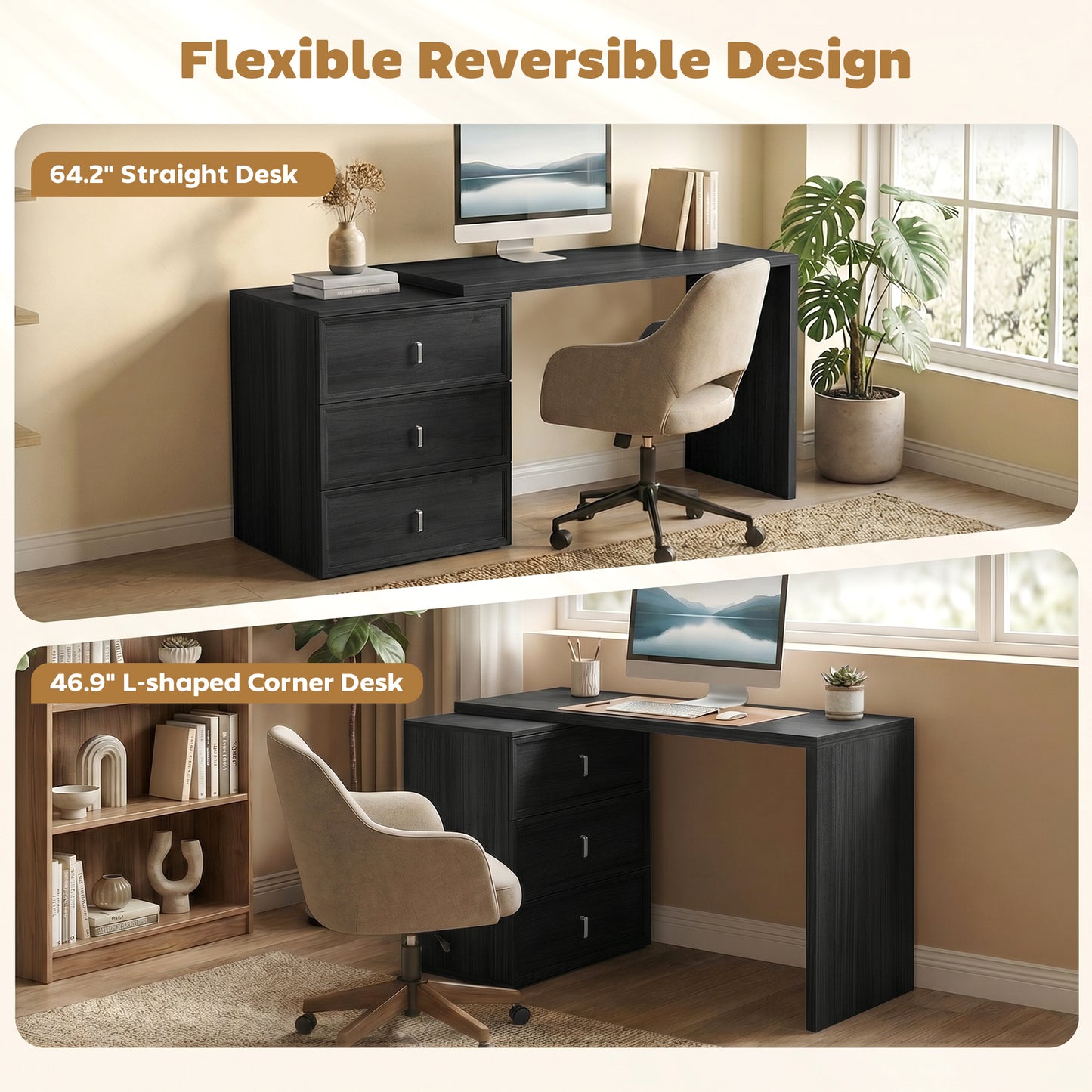 L Shaped Computer Desk Home Office Desk with 3 Drawers Black Wood Grain
