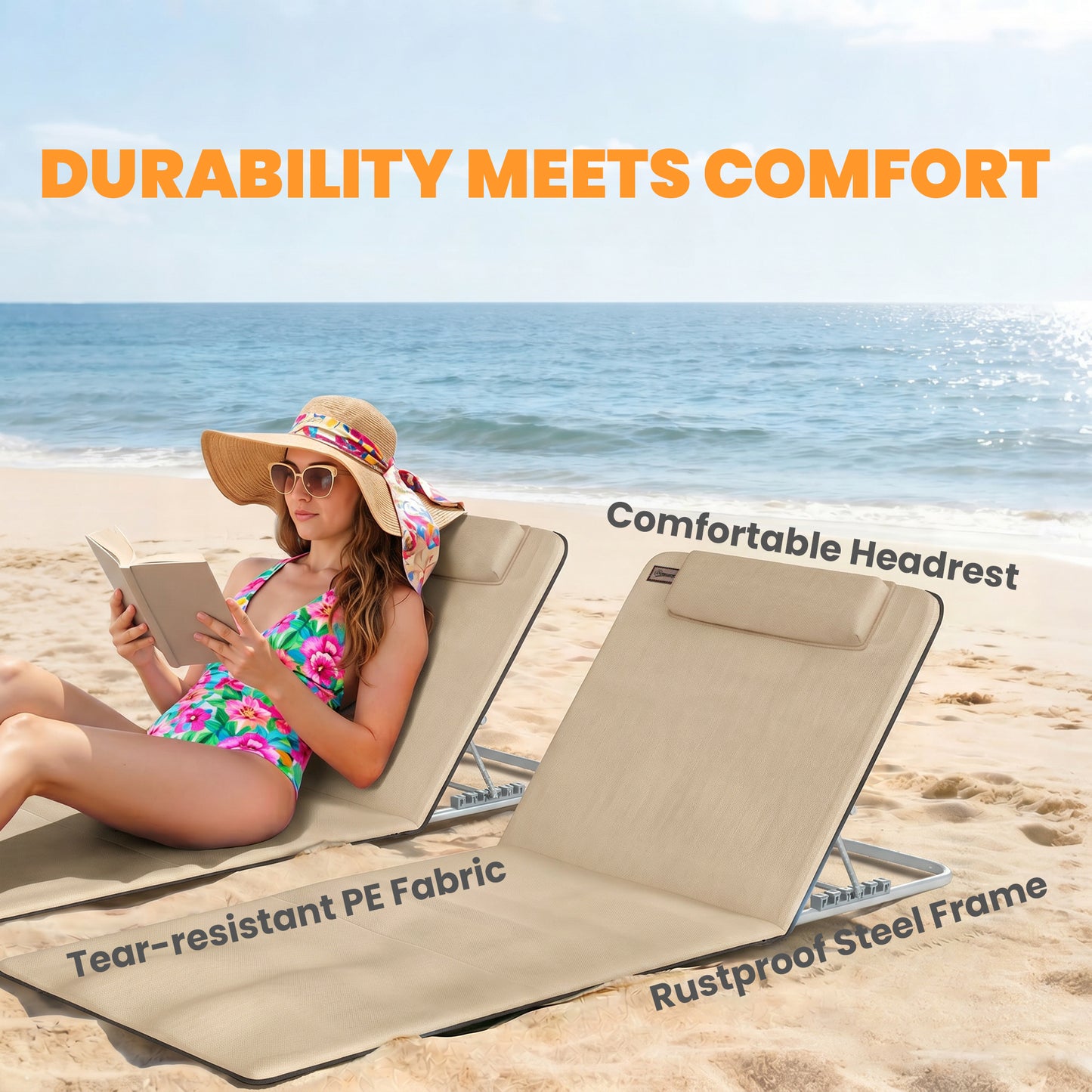 2 Pieces Beach Lounge Chair, Outdoor Folding Chaise Lounge Set w/ Pillow for Sunbath, Snap, Beige