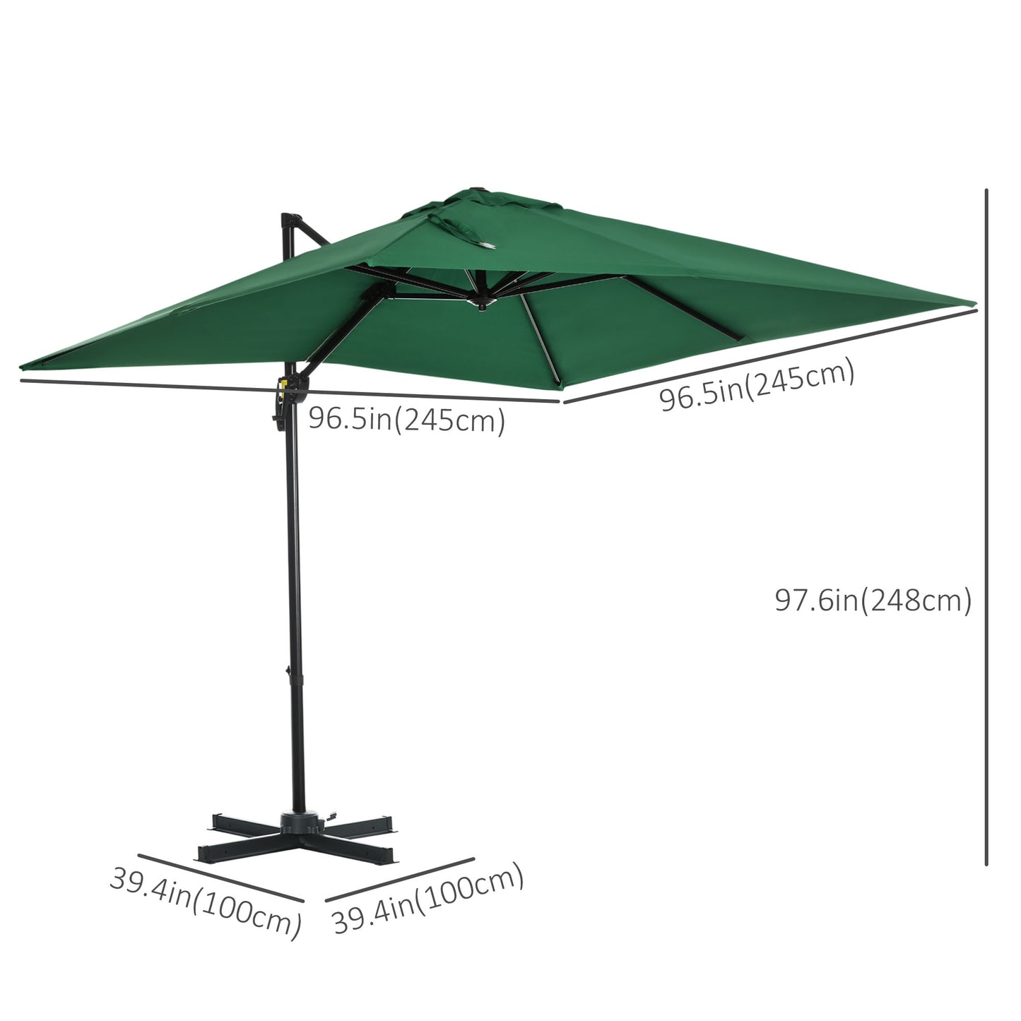 8' x 8' Square Cantilever Umbrella with 360° Rotation, Aluminum Outdoor Cantilever Market Parasol with Crank & Tilt, Garden Sun Canopy Shelter with Cross Base, Green