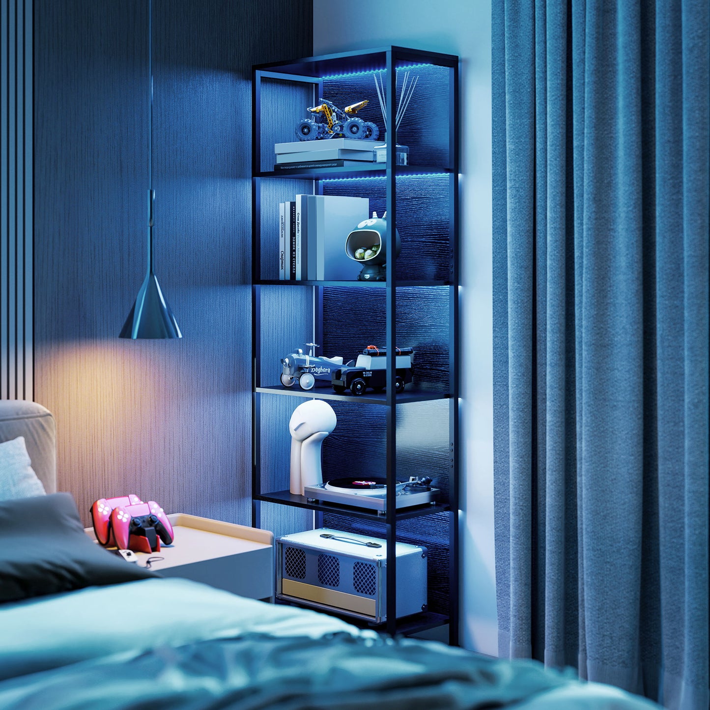 5-Tier Bookshelf, Freestanding Bookcase with LED Lights and Metal Frame for Living Room, Bedroom, Home Office, Black