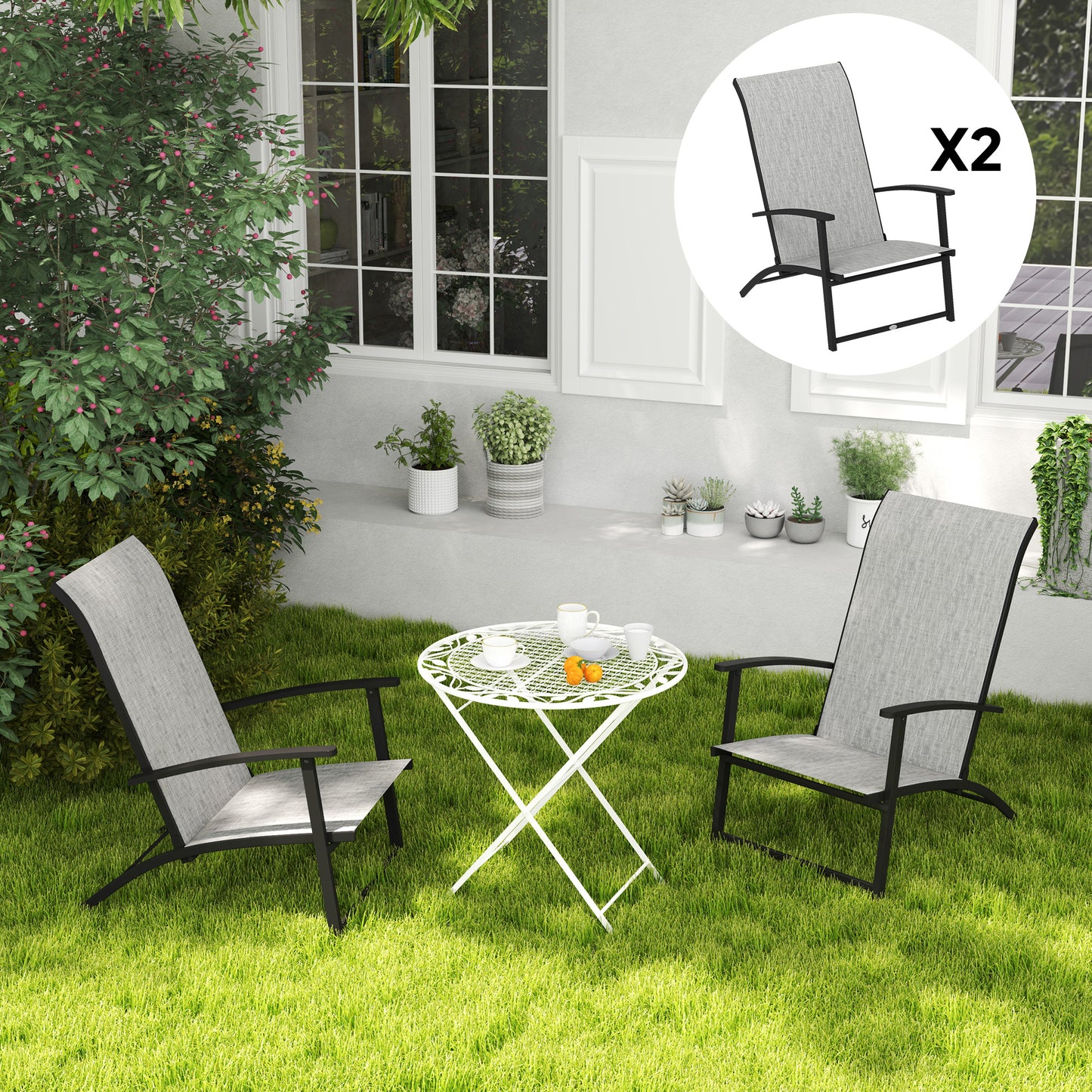 Set of 2 Folding Lawn Chairs, Outdoor Folding Chairs with Armrests, High Backrest for Backyard Balcony, Grey