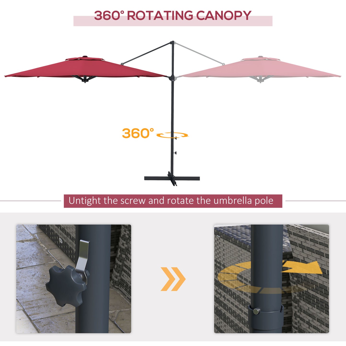 10 FT Cantilever Umbrella, Aluminum Hanging Offset Umbrella with 360°Rotation, Crank, Tilt, Cross Base, Red