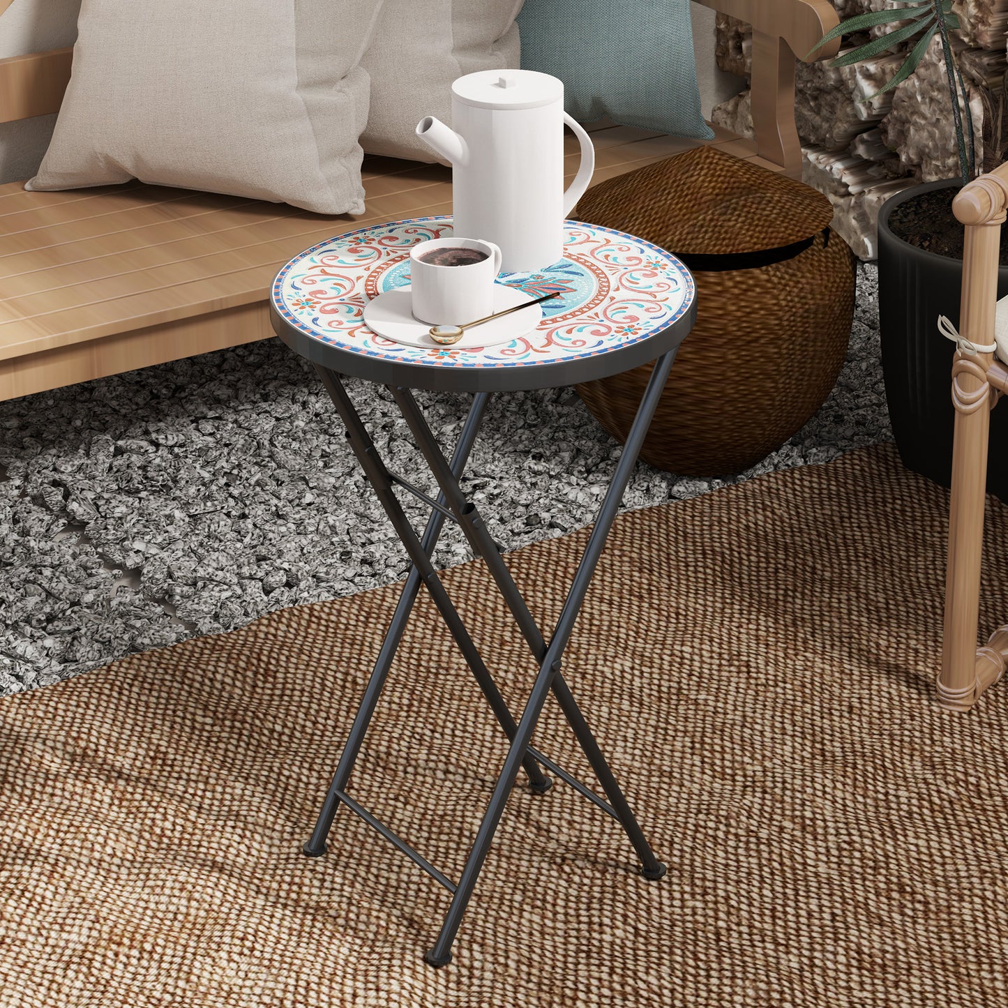 Mosaic Outdoor Patio Side Table, 14" Round Folding Outdoor Coffee Table with Steel Frame for Balcony Deck Patio Terrace, Mixed Colour