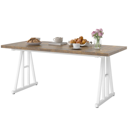 Farmhouse Dining Table for 8 with Trestle Legs - Brown and White