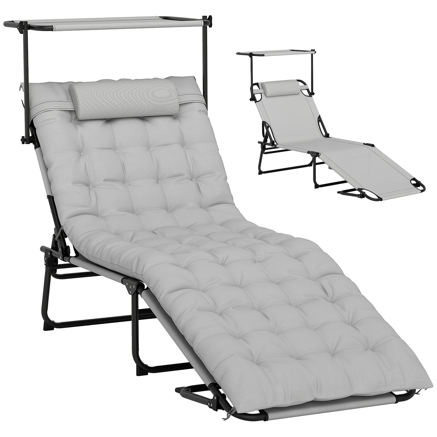 Folding Lounge Chair with Adjustable Canopy, 4-Position Outdoor Tanning Chair with Headrest, Light Grey