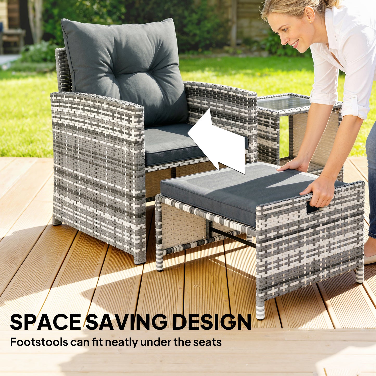 Wicker Patio Chairs with Ottomans, 2-Tier Glass Coffee Table and Cushions, 5 Pcs Patio Furniture Set, Grey