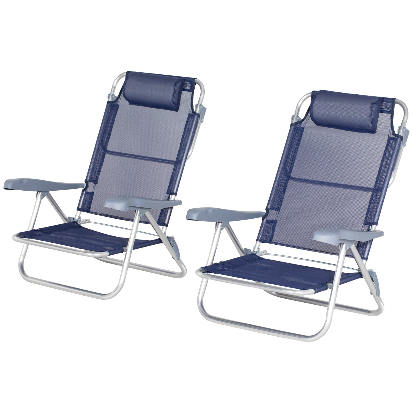 Set of 2 Camping Chairs, Beach Chairs with Adjustable Backrest and Headrest, Folding Chair for Outdoor, Dark Blue