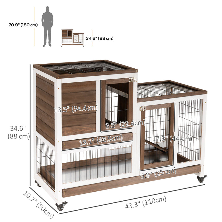 Brown Wooden Rabbit Hutch with Wheels & Pull-Out Trays