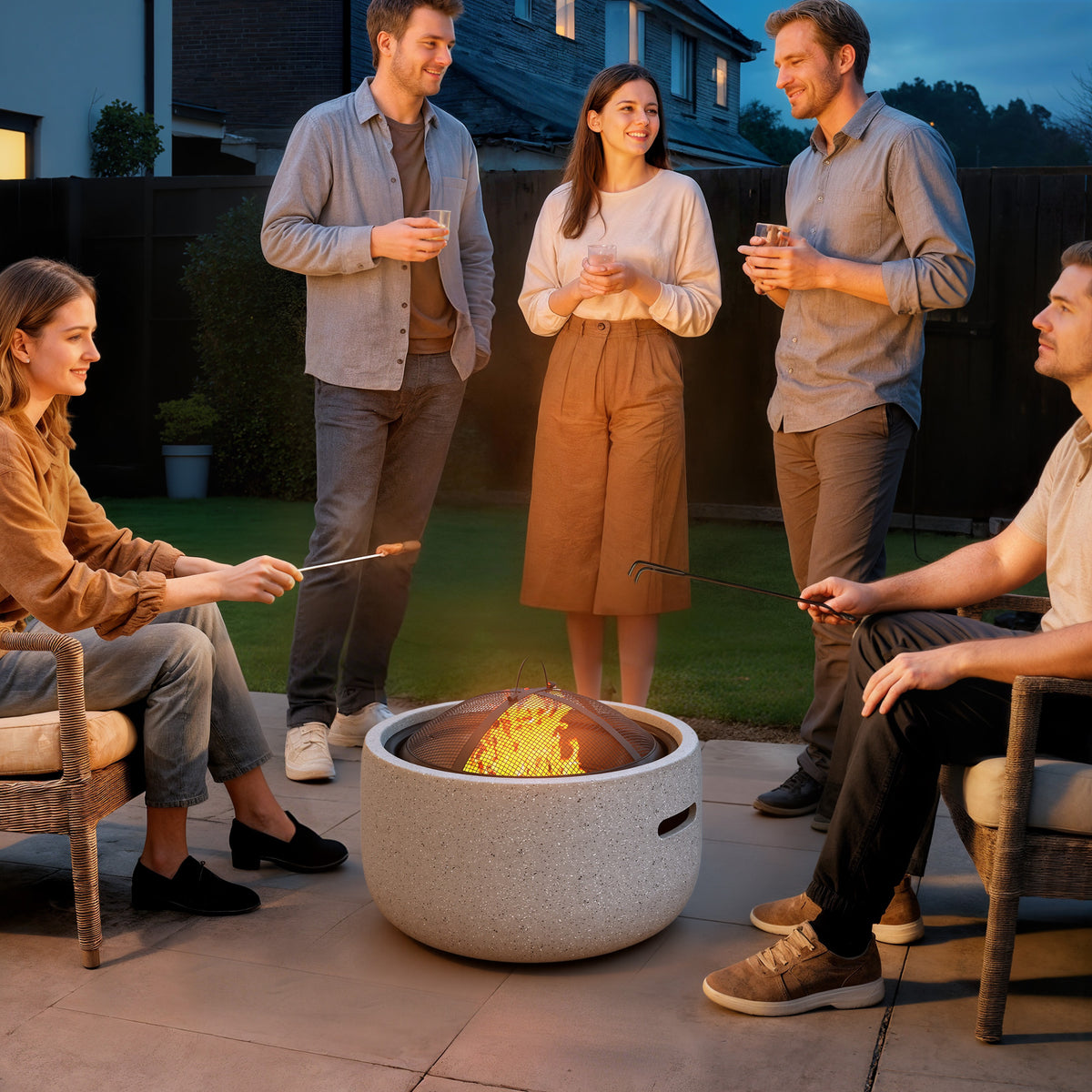18" Grey Round Wood-Burning Fire Pit with Spark Screen