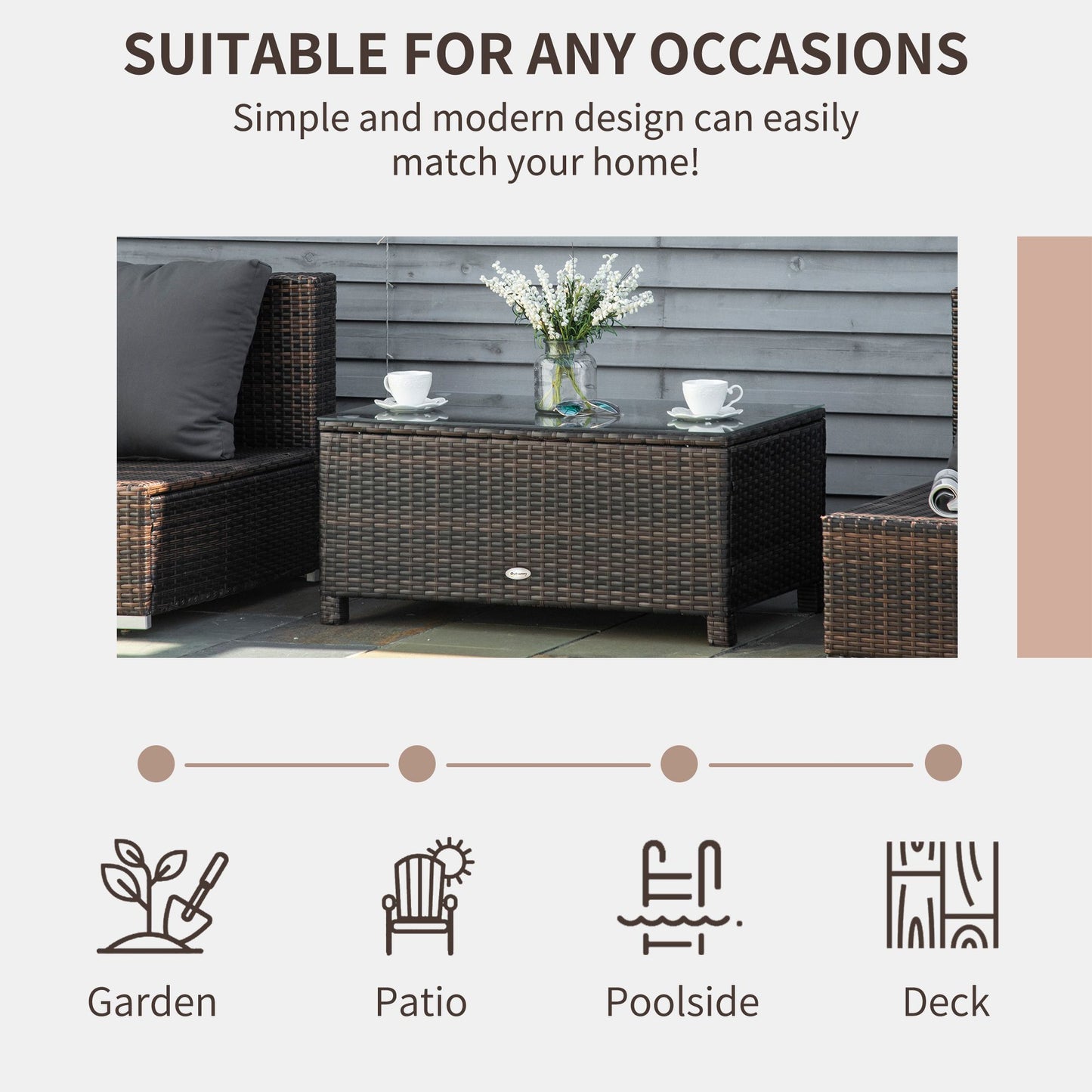 Rattan Wicker Coffee Table with Glass Top Outdoor Garden Patio Furniture Brown Tempered