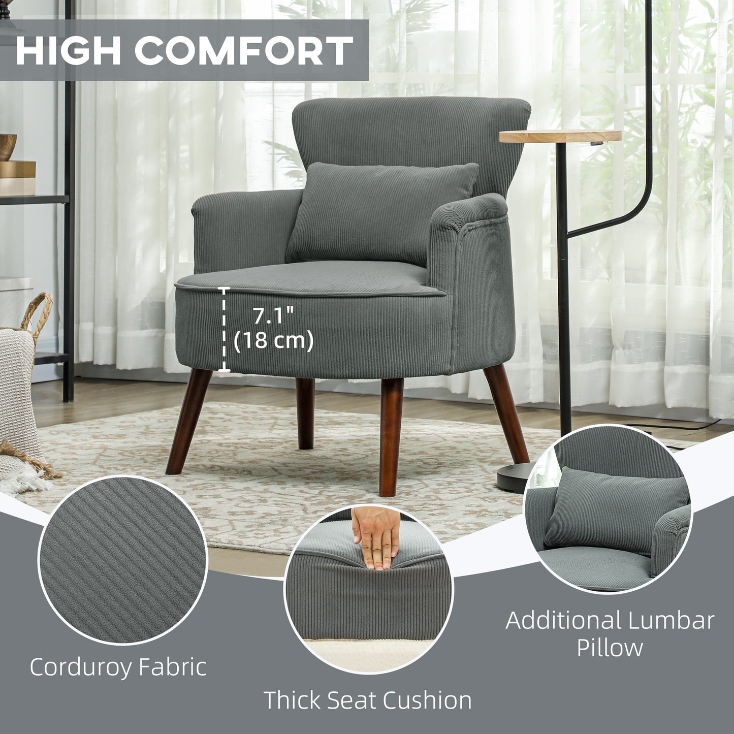 Modern Accent Chair, Upholstered Armchair with Solid Wood Legs and Lumbar Pillow for Living Room, Grey
