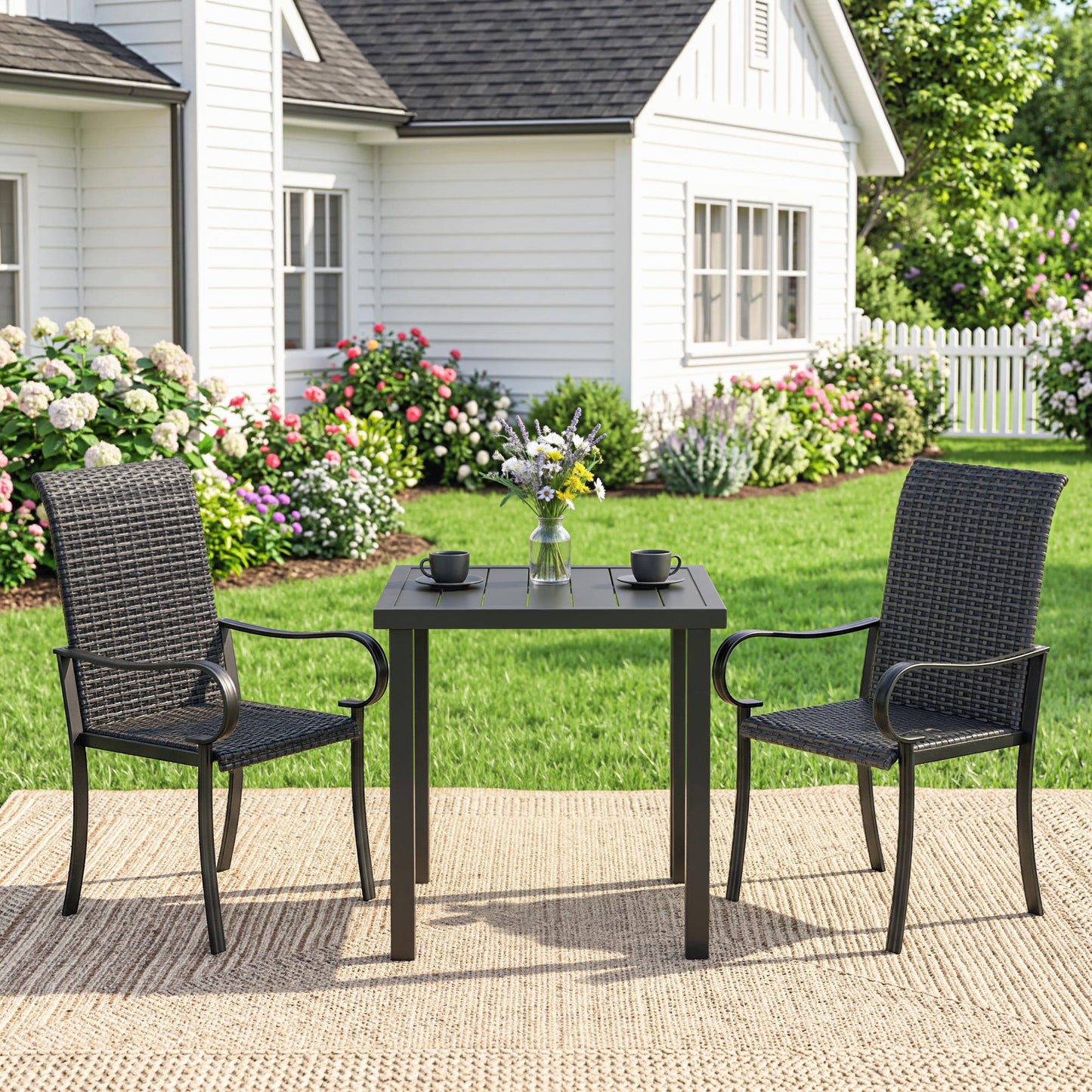 2 Piece PE Rattan Patio Dining Chairs with Steel Frame, for Garden, Backyard, Pool Side, Porch, Black