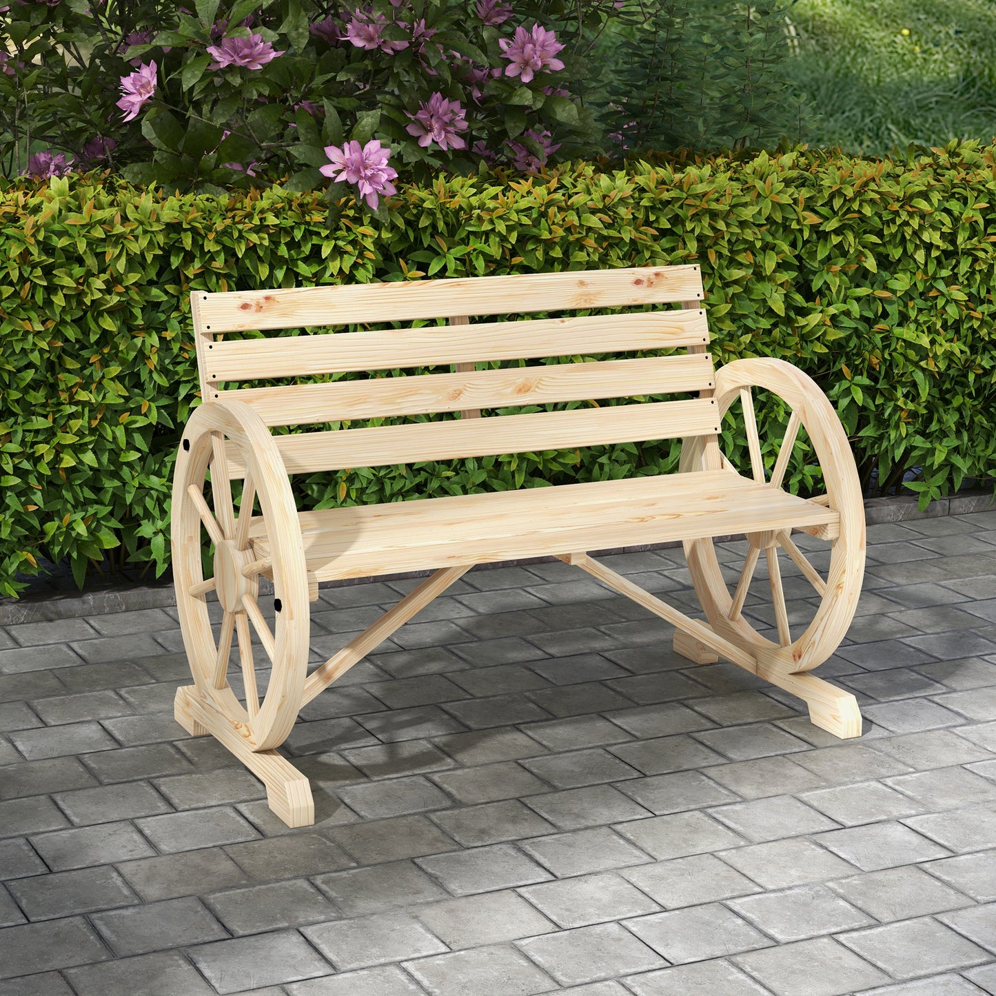 42" Wood Wagon Wheel Bench Garden Loveseat Rustic Seat, Natural Wood