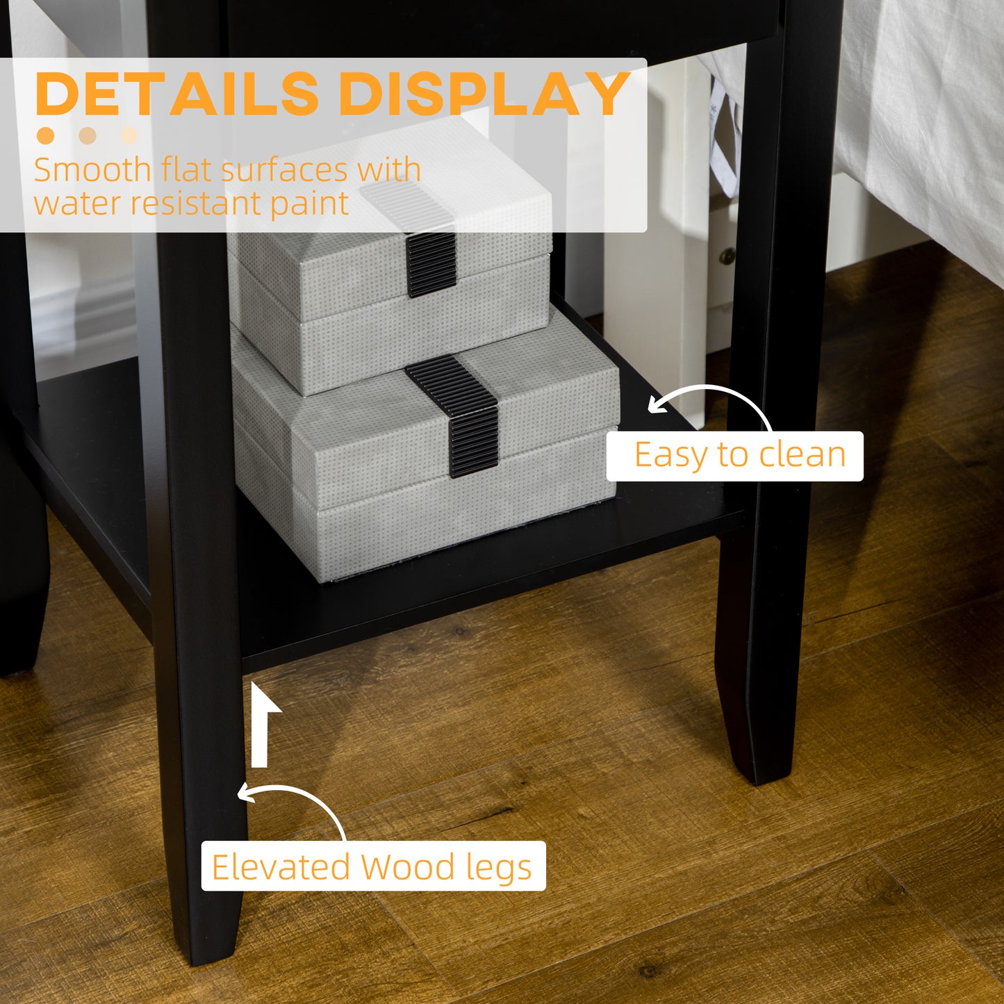Side Table Set of 2, End Tables with Drawer and Bottom Shelf, 2-tier Nightstand for Bedroom, Living Room, Black