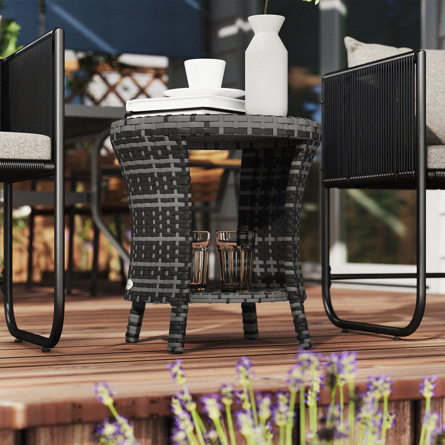 18" Wicker Outdoor Coffee Table, PE Rattan Patio Side Table with 2-Tier Storage, Composite Wood Top, Grey