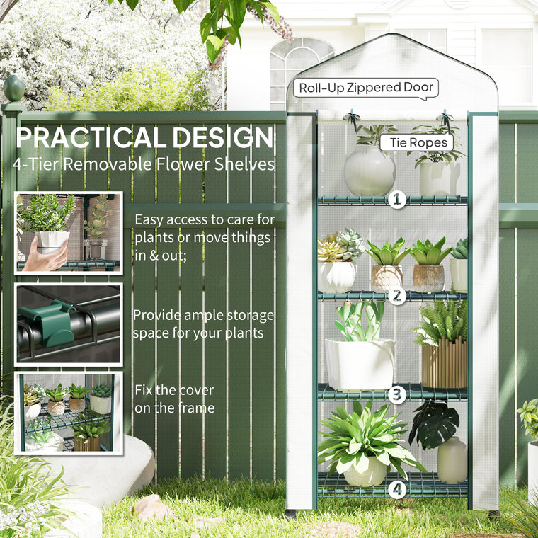 White Portable Greenhouse with 4-Tier Shelves & PE Cover