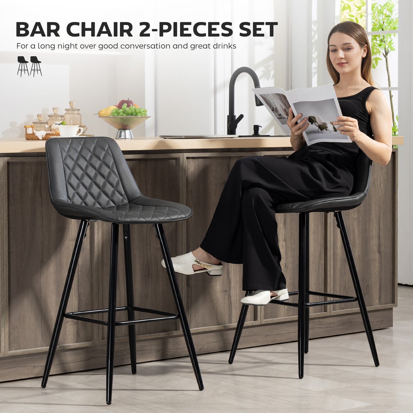 PU Leather Counter Height Bar Chairs Set of 2, 27.75" Bar Stools with Metal Legs for Dining Area, Kitchen Island, Black