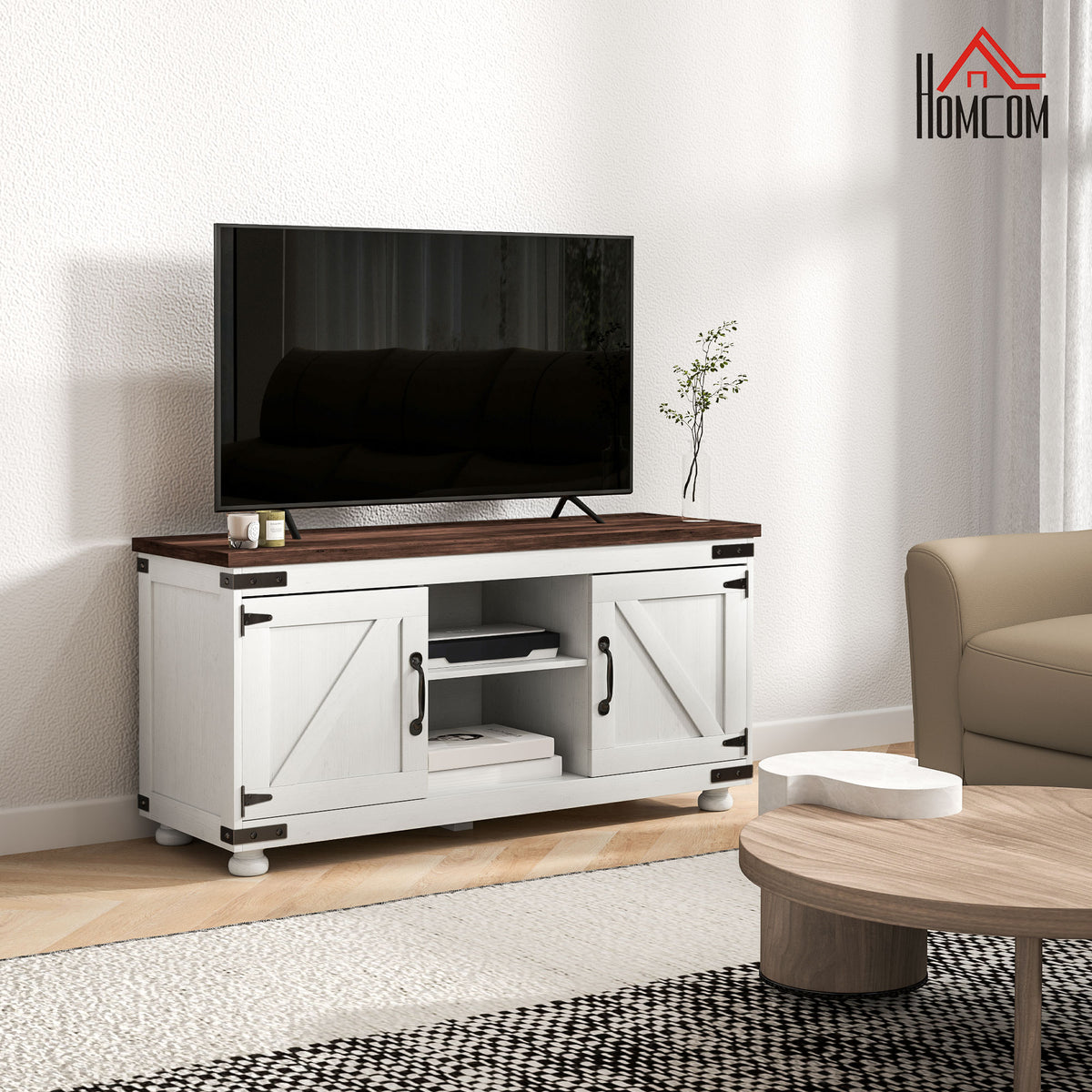 Farmhouse TV Stand for up to 50" TV, TV Cabinet with Barn Doors, Cable Management for Living Room, Distressed White