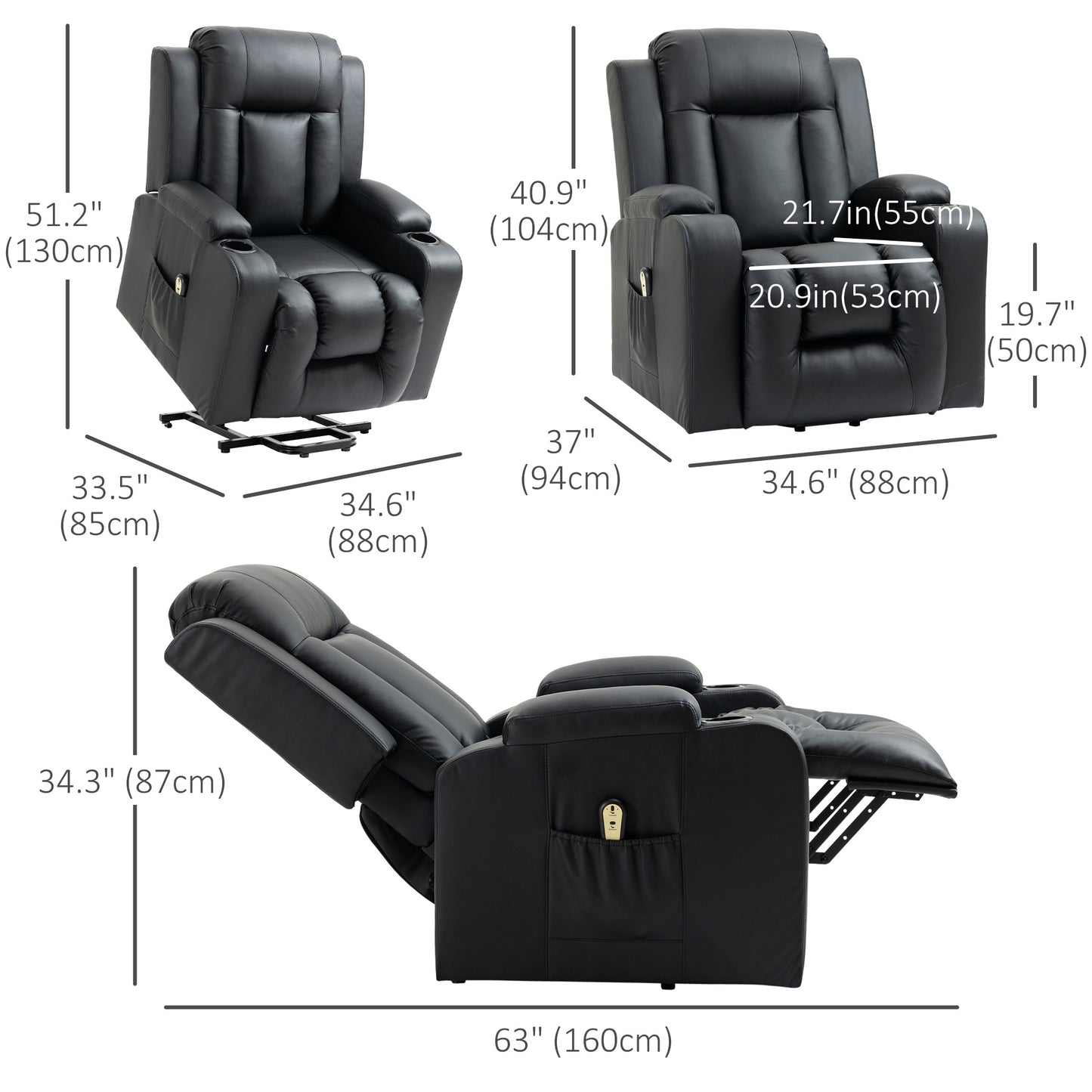 Power Lift Recliner Chair for Elderly, PU Leather Electric Recliner Chair with Footrest, Remote Control, Side Pockets and Cup Holders for Living Room, Black