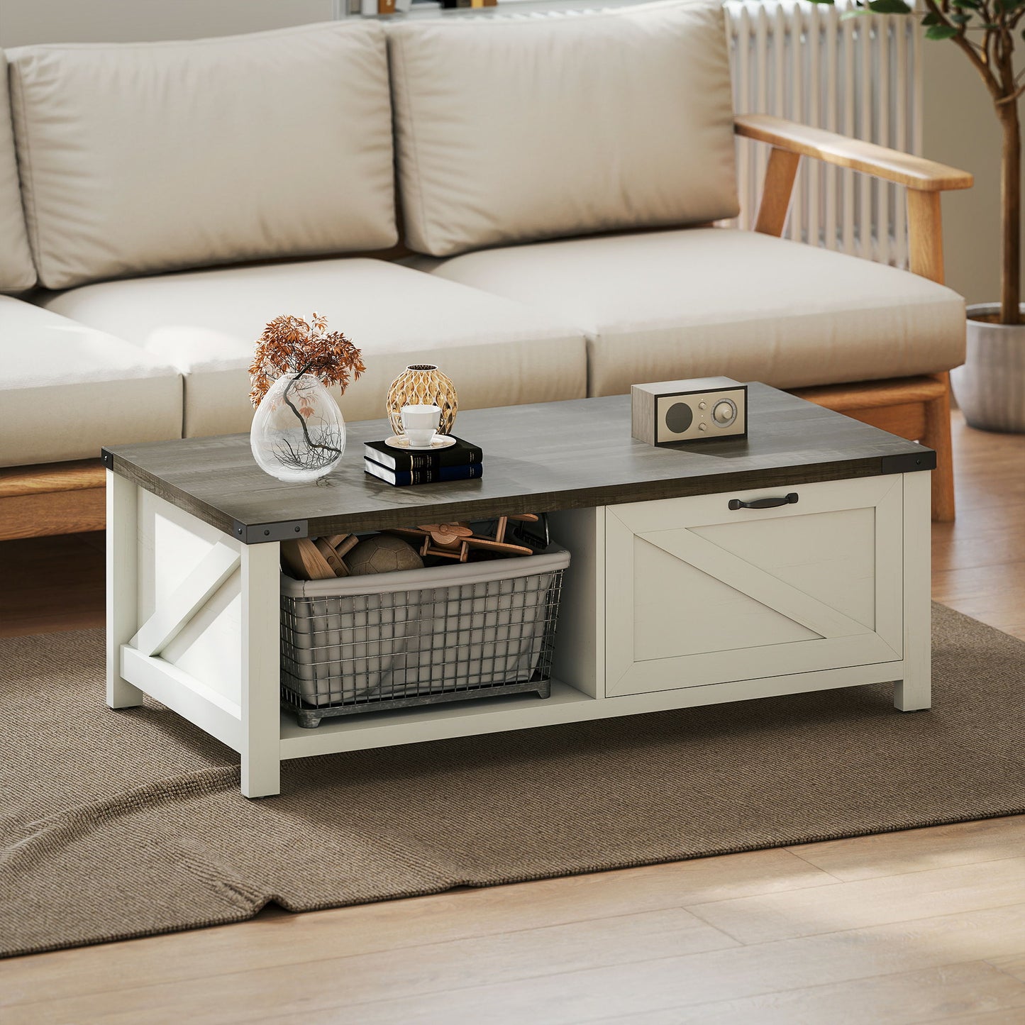 Farmhouse Coffee Table with Drawer, Open Storage Shelf for Living Room, Dining Room, Office, Distressed White