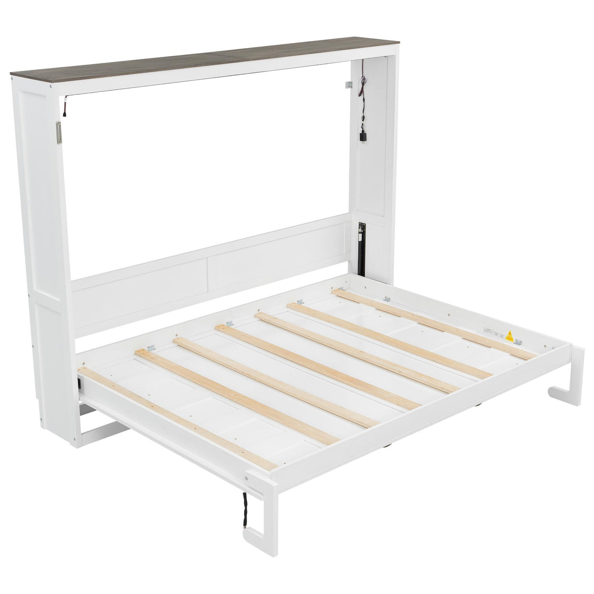 Full Size Murphy Bed with LED Light and Built‑In Desk, Foldable Platform Bed with Smooth Hydraulic Lift, 83" L x 60.5" W x 62" H, Brown+White