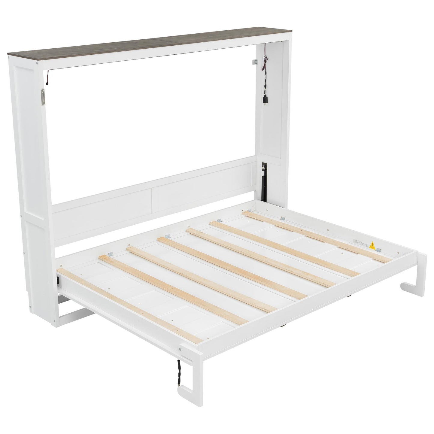 Full Size Murphy Bed with LED Light and Built‑In Desk, Foldable Platform Bed with Smooth Hydraulic Lift, 83" L x 60.5" W x 62" H, Brown+White