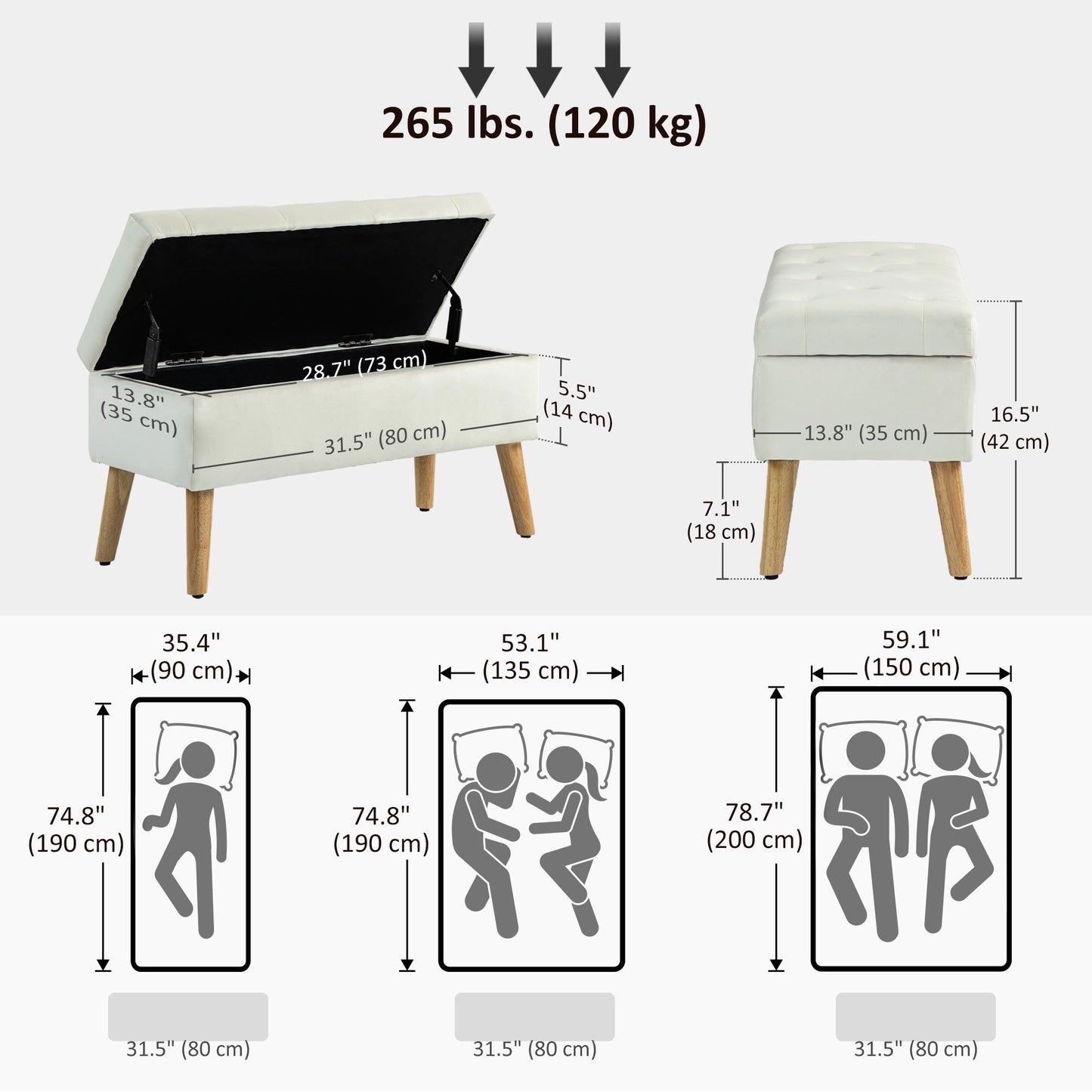 Velvet Storage Ottoman with Wood Legs - Cream White