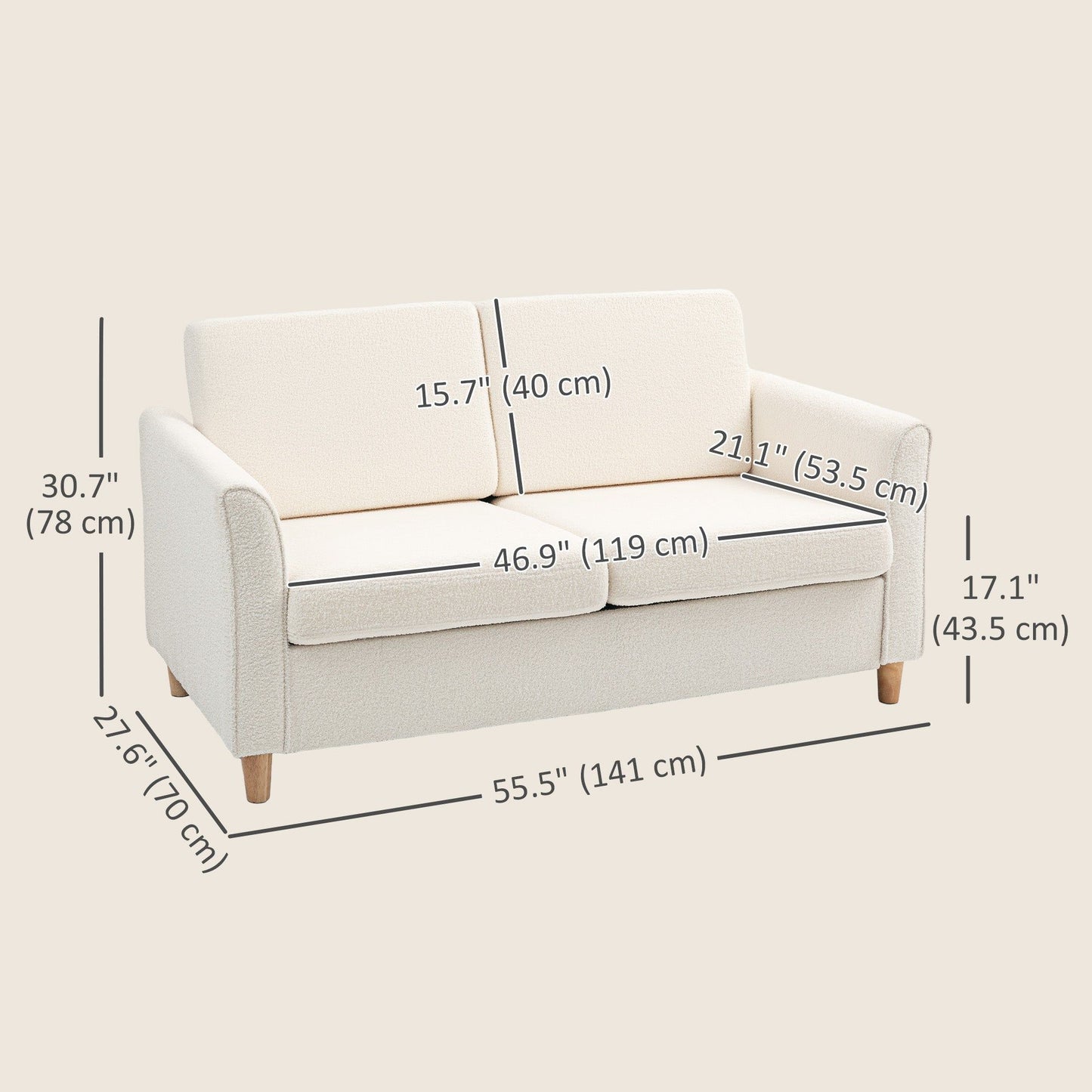 2-Seater Sofa with Armrests & Wood Legs - Cream White