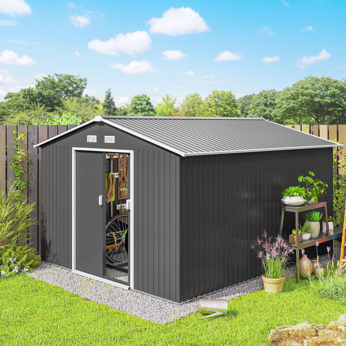 9' x 10.6' Garden Storage Shed w/ Foundation Kit Metal Tool Storage House w/ Double Doors Light Grey
