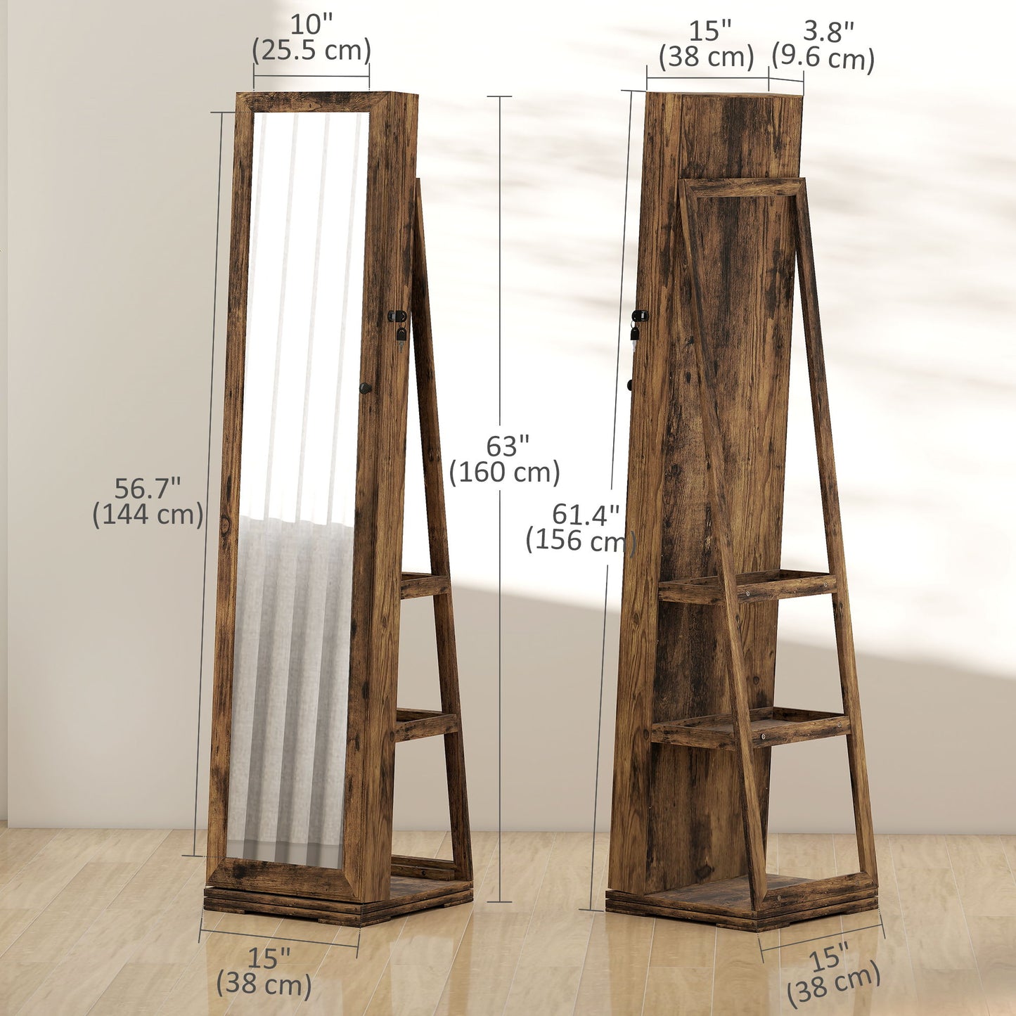 360° Swivel Jewelry Armoire, Lockable Mirror Jewelry Cabinet with Built-In Small Mirror, Rustic Brown