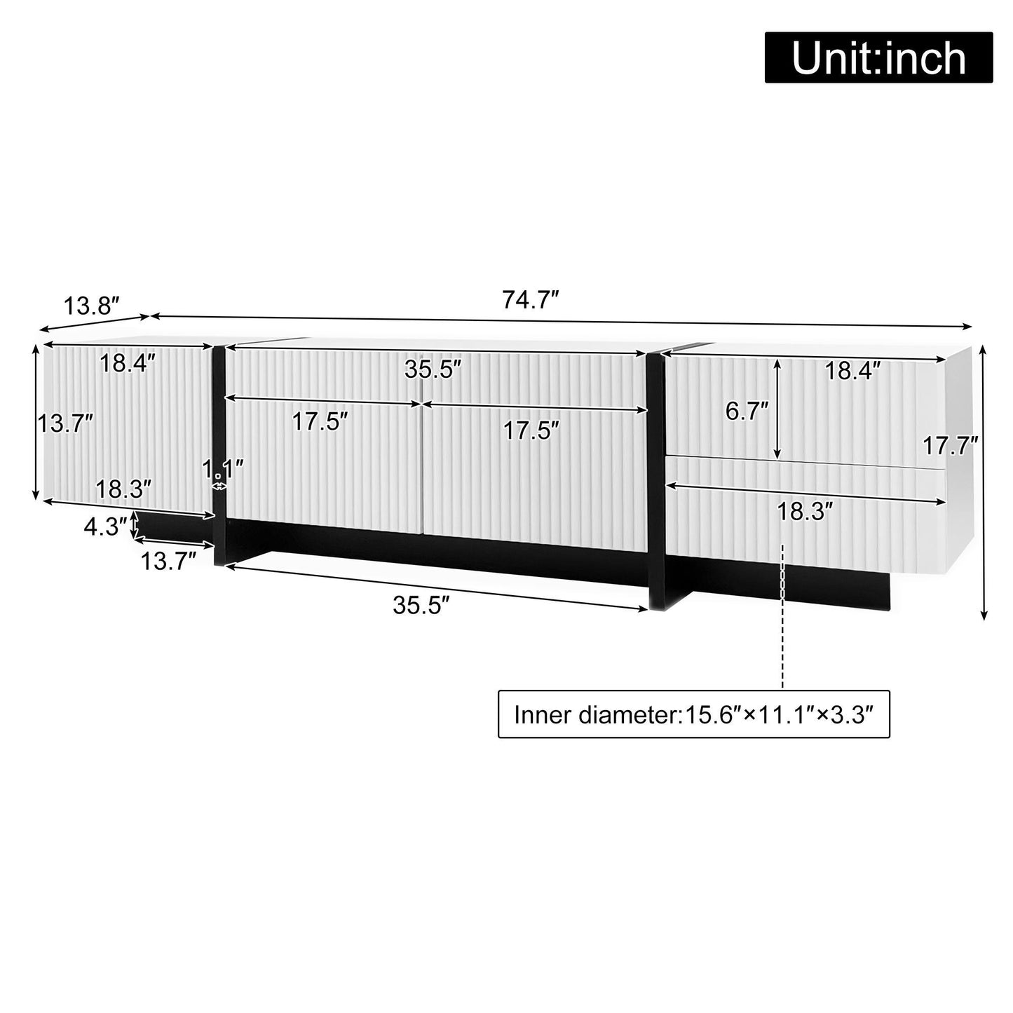 Modern TV Cabinet with Ample Storage and Soft-Close Hinges, Sturdy TV Stand for Living Rooms, 74.5'' L x 14'' W x 17.5'' H, Black+White
