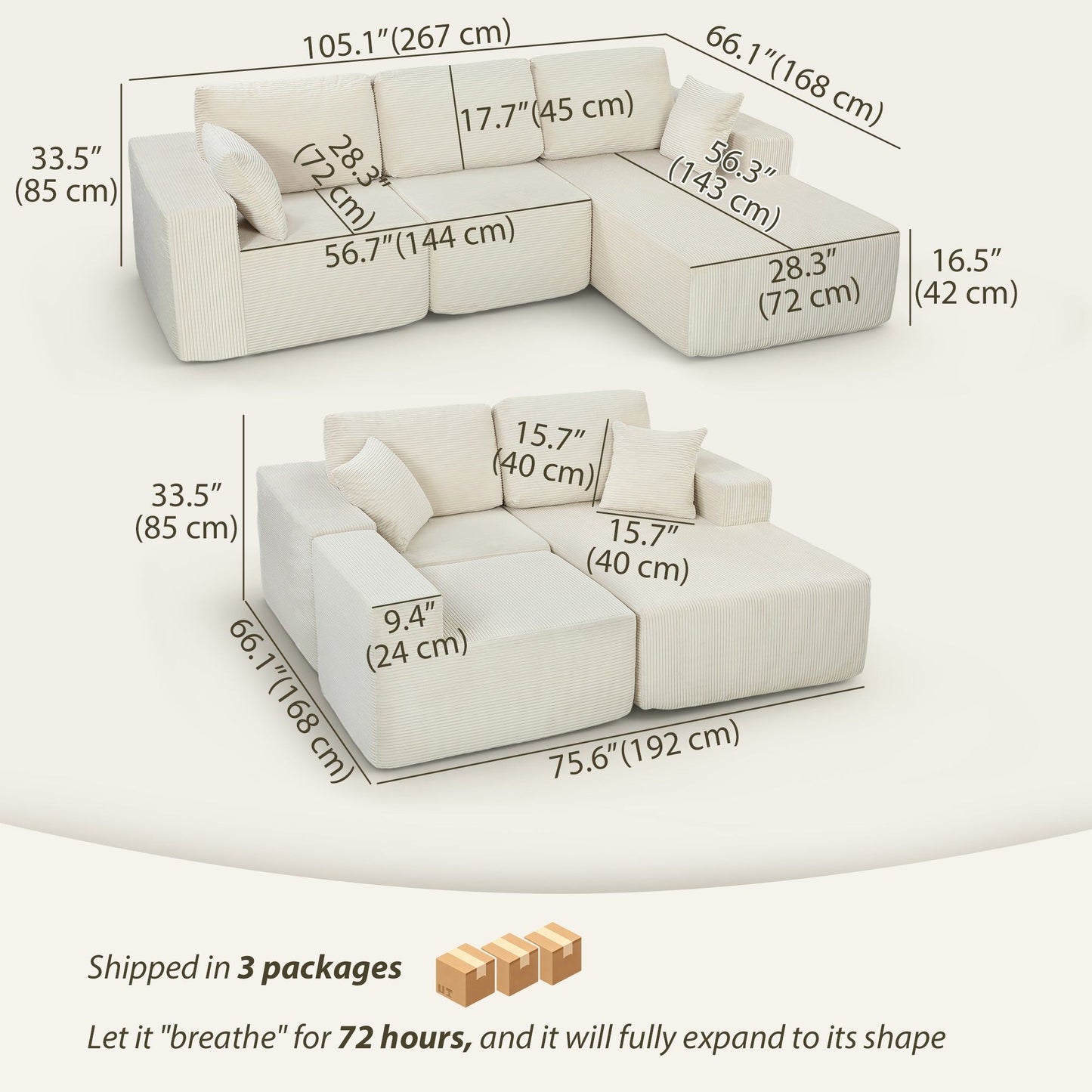 2-in-1 Modular L-Shaped Sectional Sofa Bed - Cream White