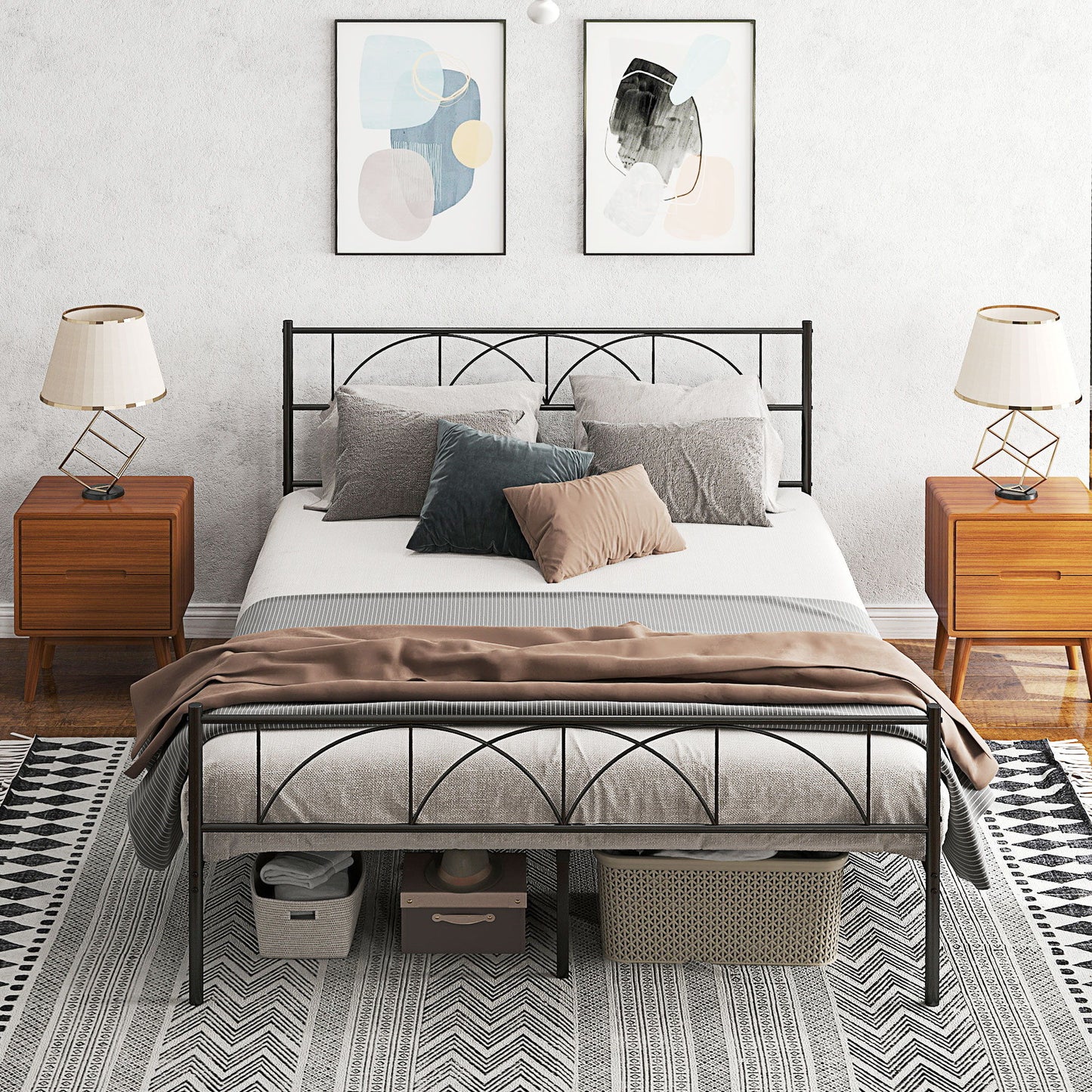 Metal Queen Platform Bed Frame with Headboard, Steel Slat Support, Underbed Storage, No Box Spring Needed, Easy Assembly