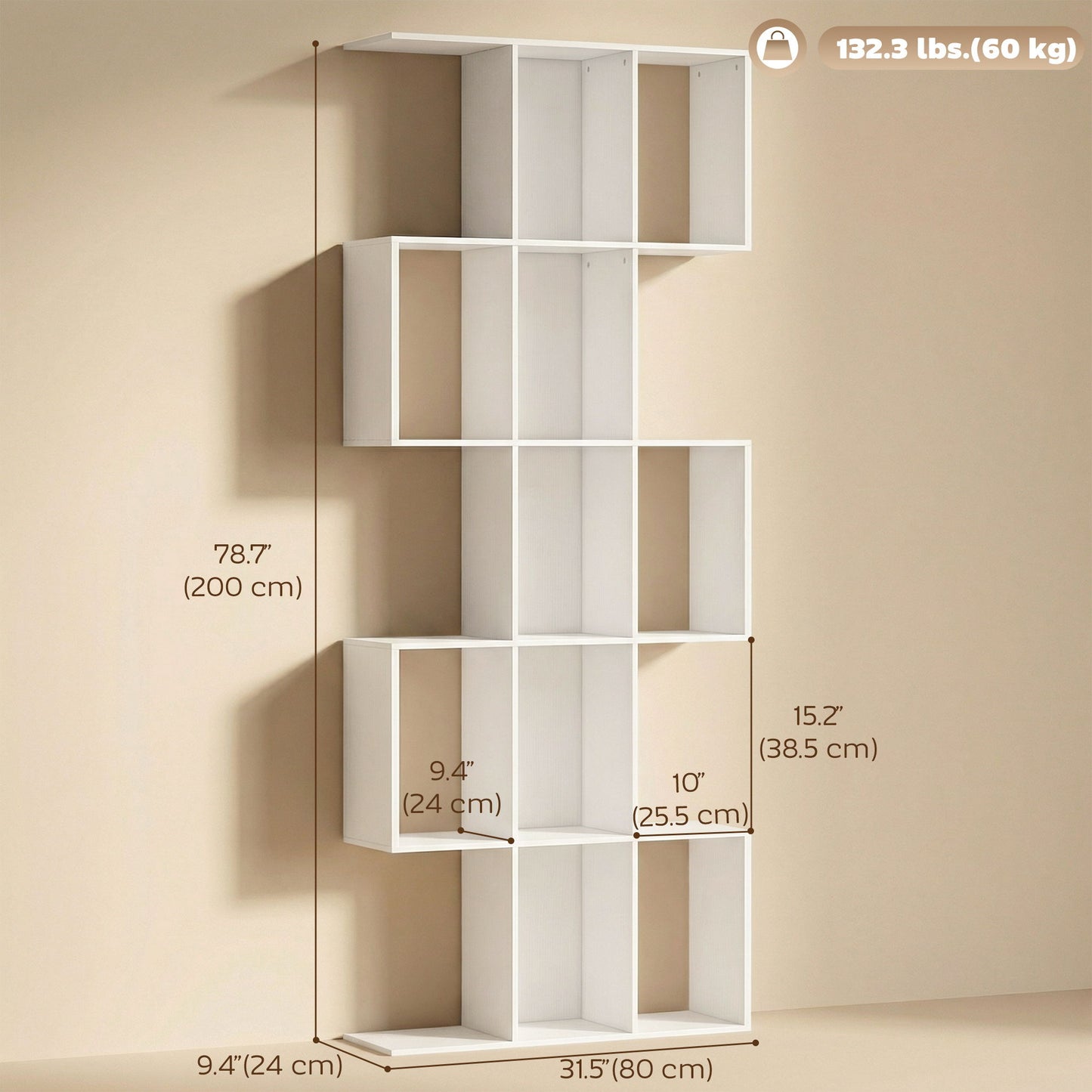 5-Tier Bookshelf, S Shaped Geometric Bookcase with 15 Compartments, White Wood Grain
