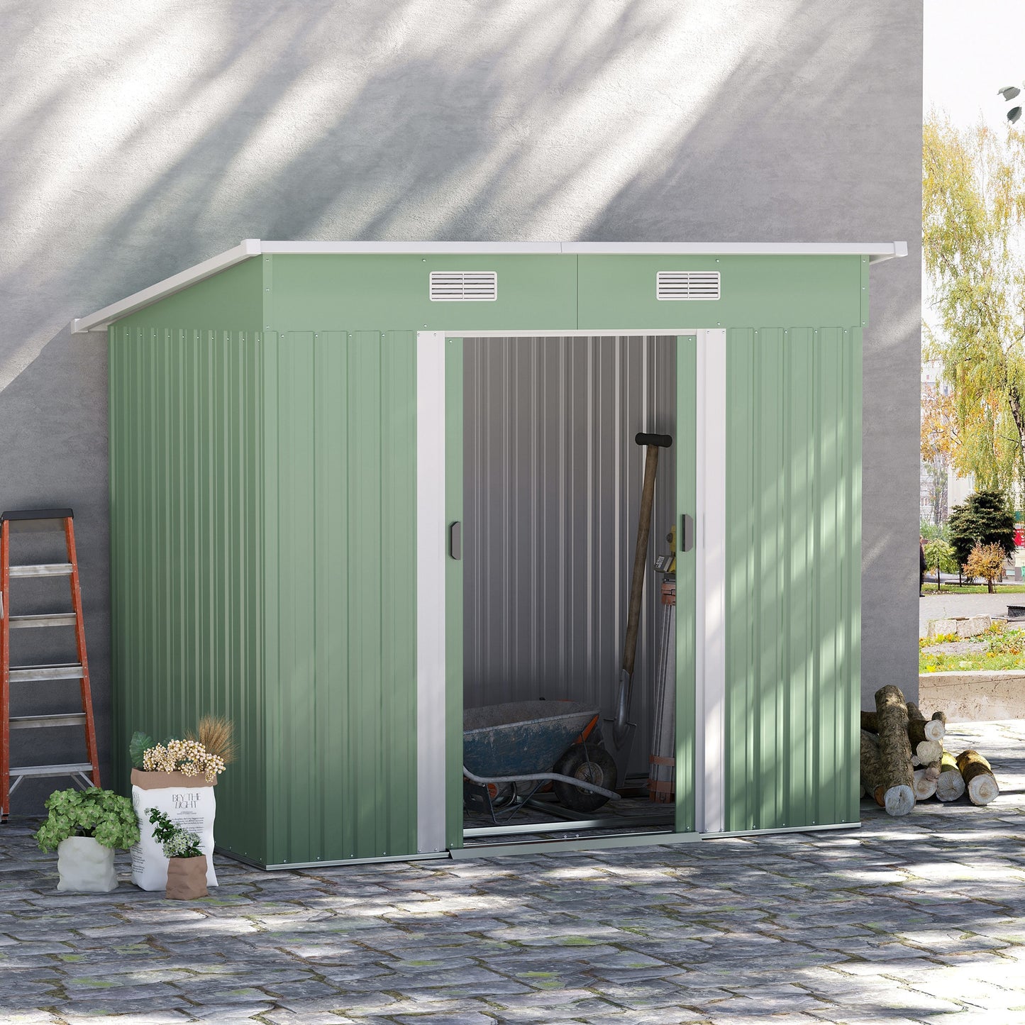 7'x 4' Metal Patio Storage Shed Garden Lockable Shed Tool Utility Storage Unit, Light Green
