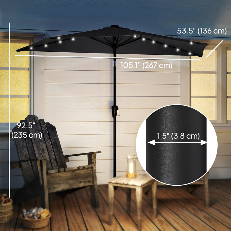 105.1" x 53.5" Black Half Patio Umbrella with Solar LED Lights