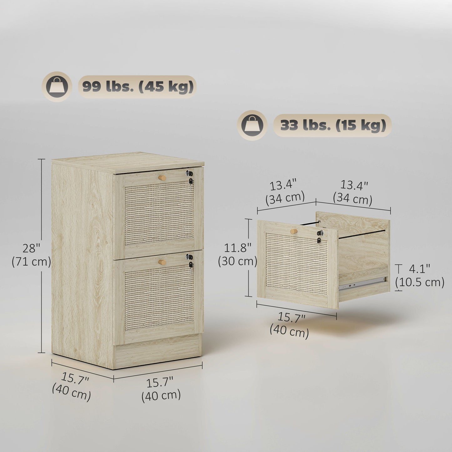 2 Drawer Filing Cabinet with Lock, Boho File Cabinet for A4 Letter Size Files with Decorative Rattan Accents, Oak