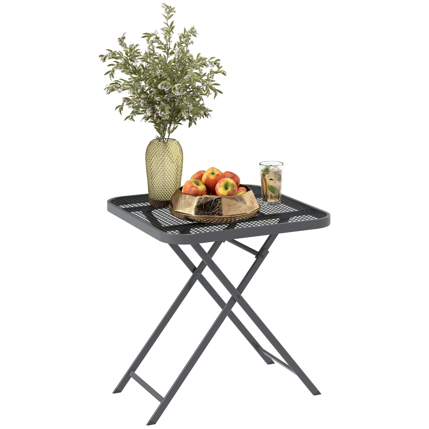 27.5" Square Outdoor Patio Table, Outdoor Folding Table with Grid Rattan-Like Top for Camping, Picnic, Light Grey