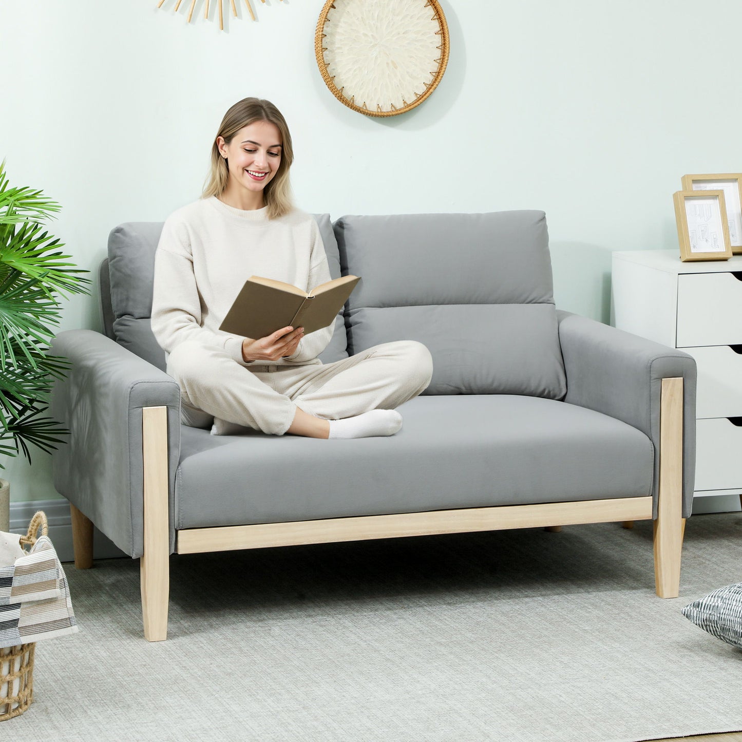 53" Loveseat Sofa, Small 2 Seater Couch with Solid Wood Legs, Modern Velvet Sofa for Living Room, Small Spaces, Grey