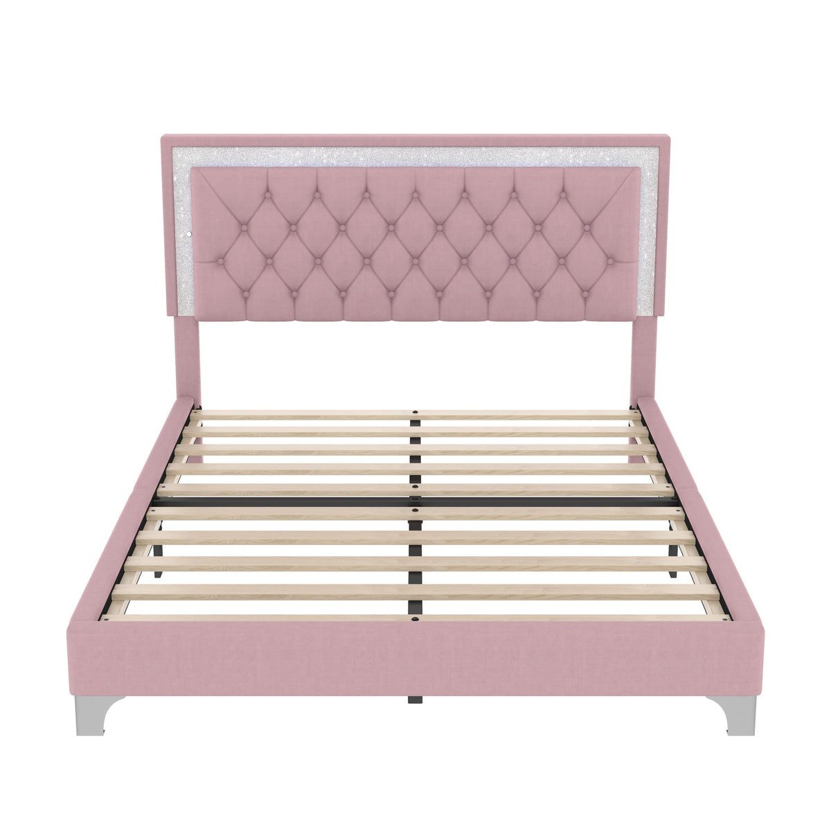 Queen Size Upholstered Bed Frame with LED Lights, Modern Velvet Platform Bed with Tufted Headboard, 84" L x 64" W x 44.5" H, Pink