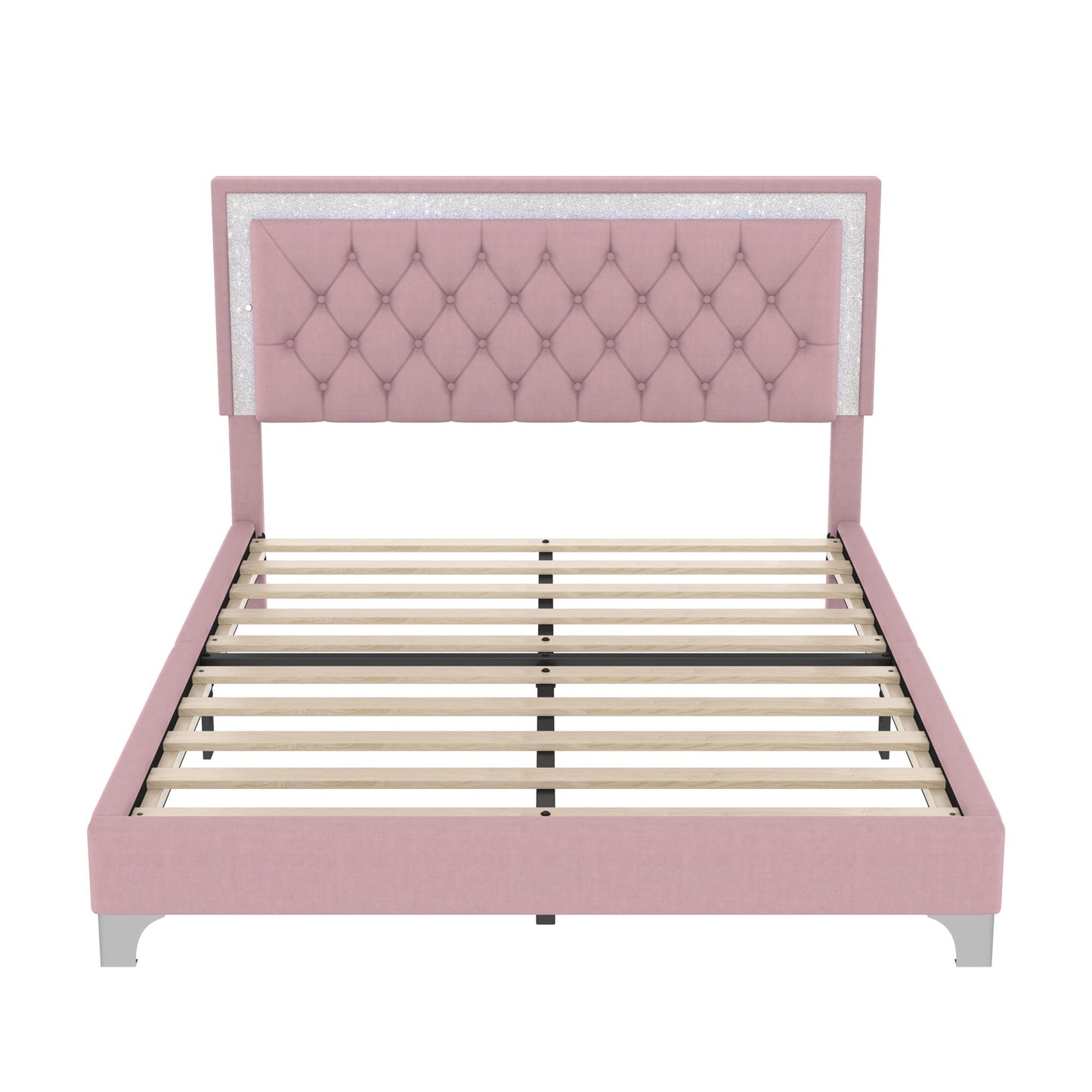 Queen Size Upholstered Bed Frame with LED Lights, Modern Velvet Platform Bed with Tufted Headboard, 84" L x 64" W x 44.5" H, Pink
