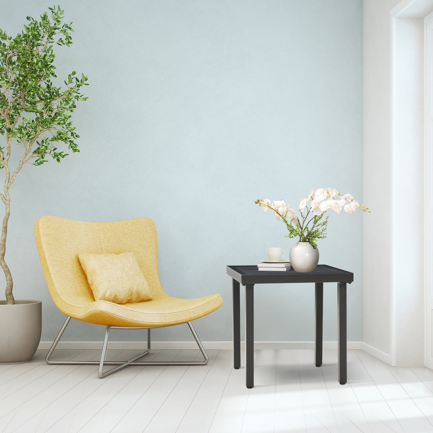 Outdoor Side Table, Patio End Table with Umbrella Hole, Small Coffee Table with Steel Frame for Balcony, Black