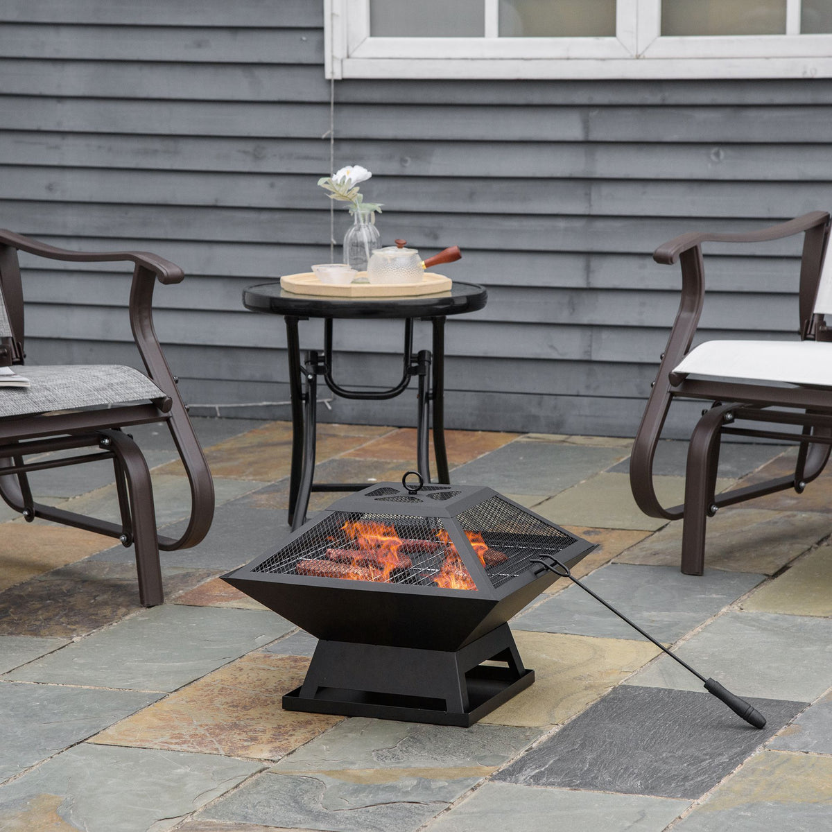 17.7" Wood Burning Portable Fire Pit, Outdoor Firepit with Cooking BBQ Grill, Spark Screen, Poker for Backyard, Black