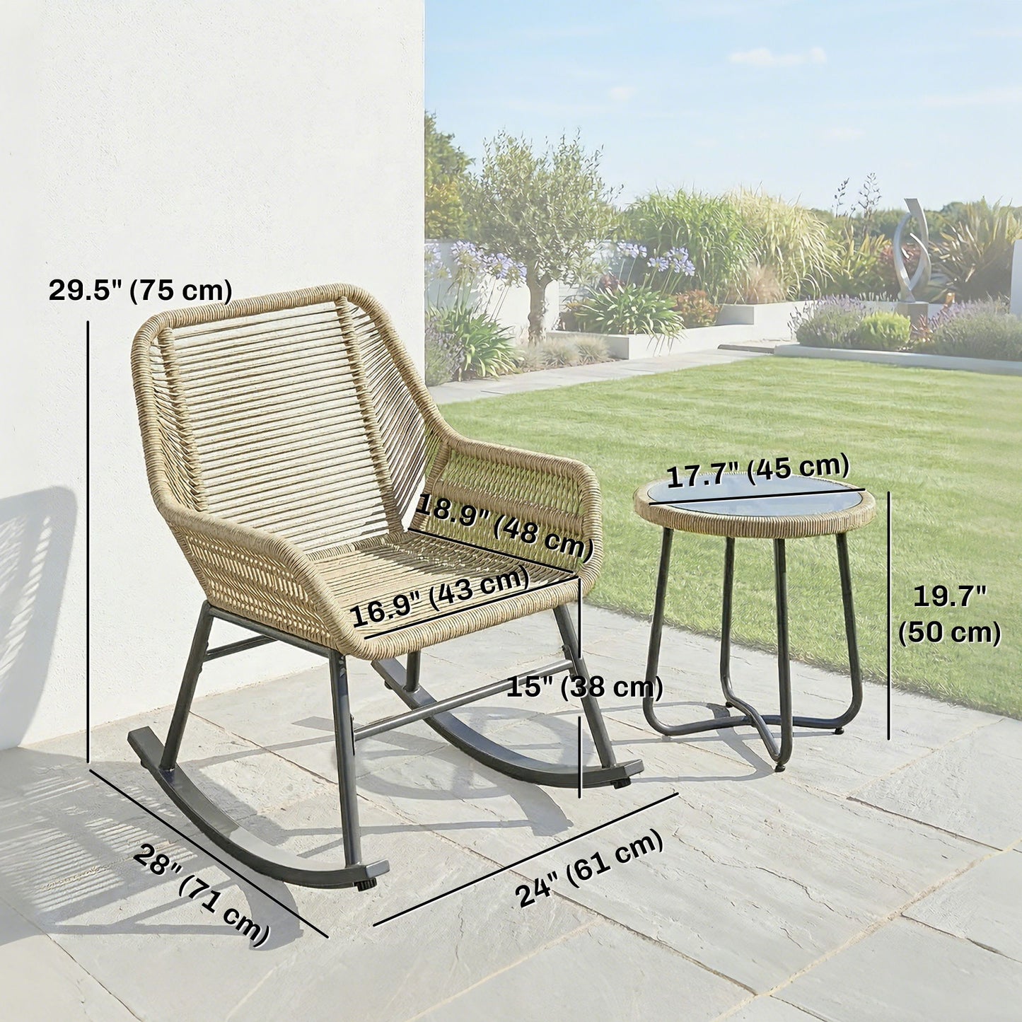 3 Piece Rocking Bistro Set Outdoor Patio Furniture Set with Cushions, Glass Coffee Table for Balcony, Cream White