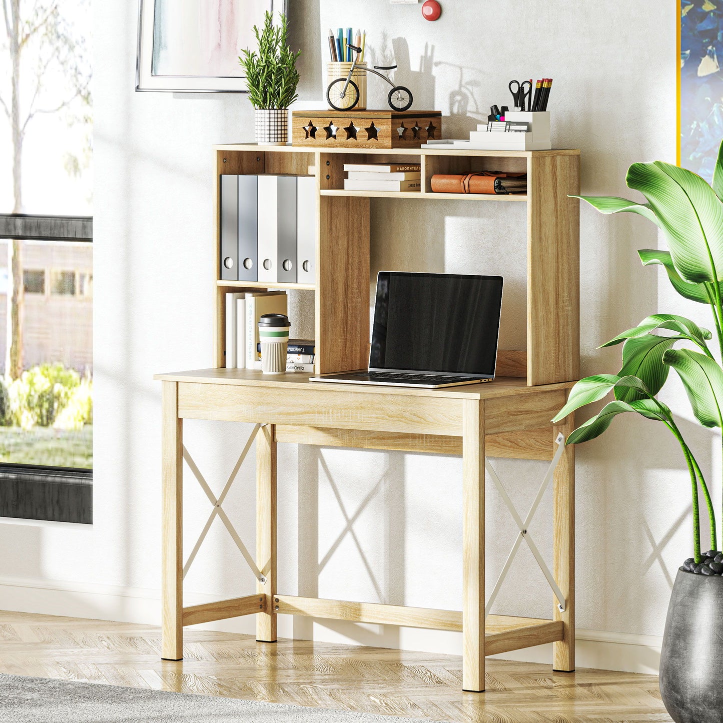 Computer Desk with Hutch, Home Office Table with Storage Shelves and Open Compartments for Writing, Work, Oak
