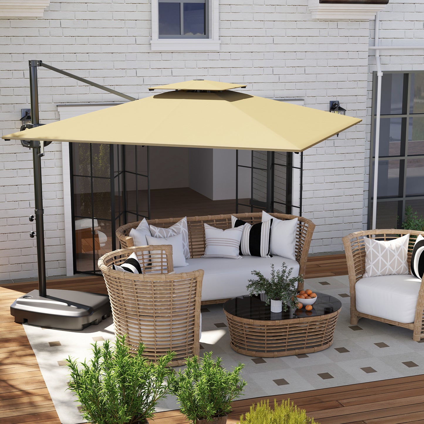 Square Cantilever Patio Umbrella, Double Top Patio Hanging Offset Umbrella with Crank & Tilt, 8' x 9', khaki